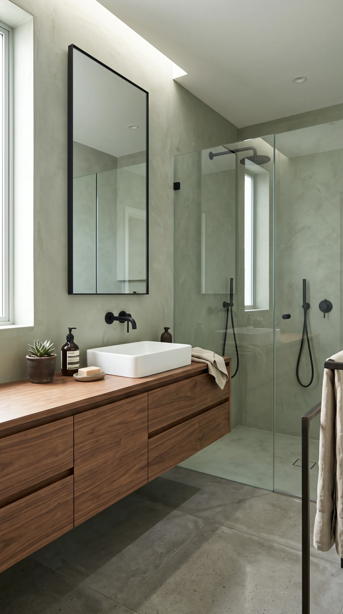 A modern green bathroom featuring a seamless sage micro-cement wall, a floating walnut vanity, and a black framed mirror.