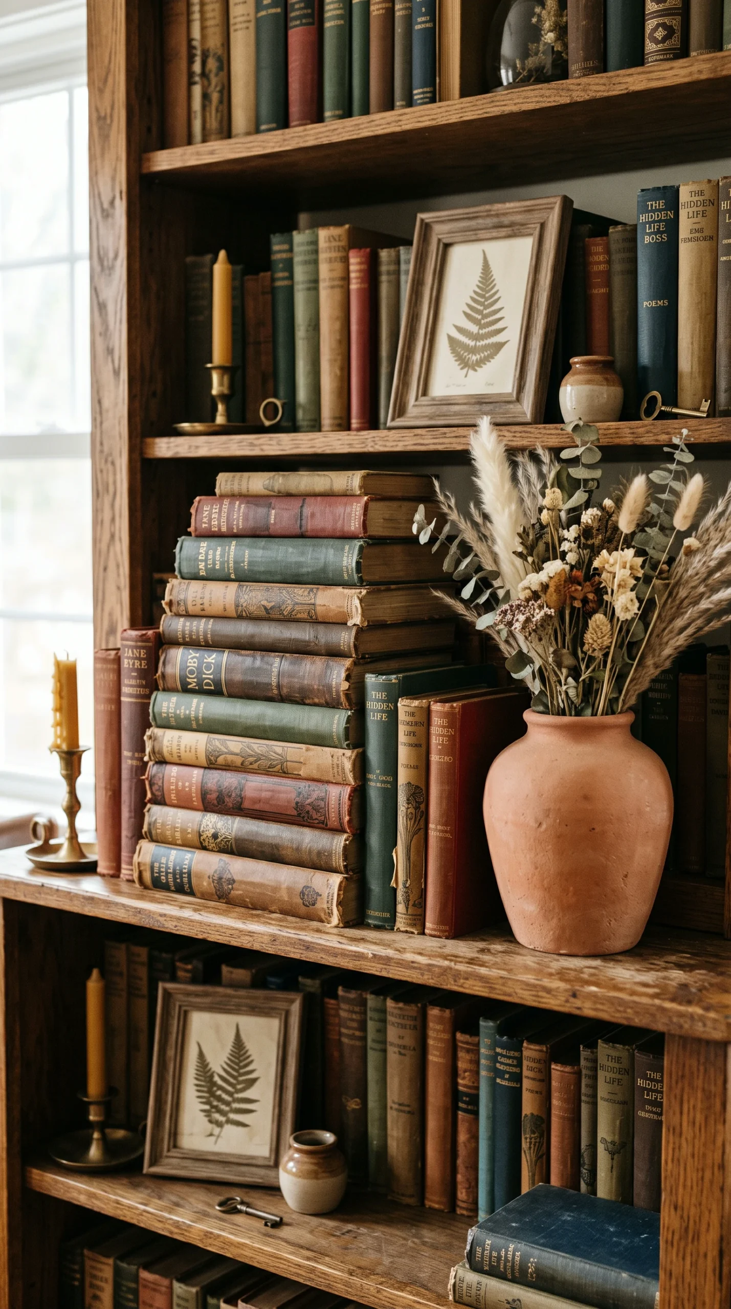 Cozy bookshelf styling featuring stacked vintage books and a rustic terracotta vase for a warm, inviting home decor look.