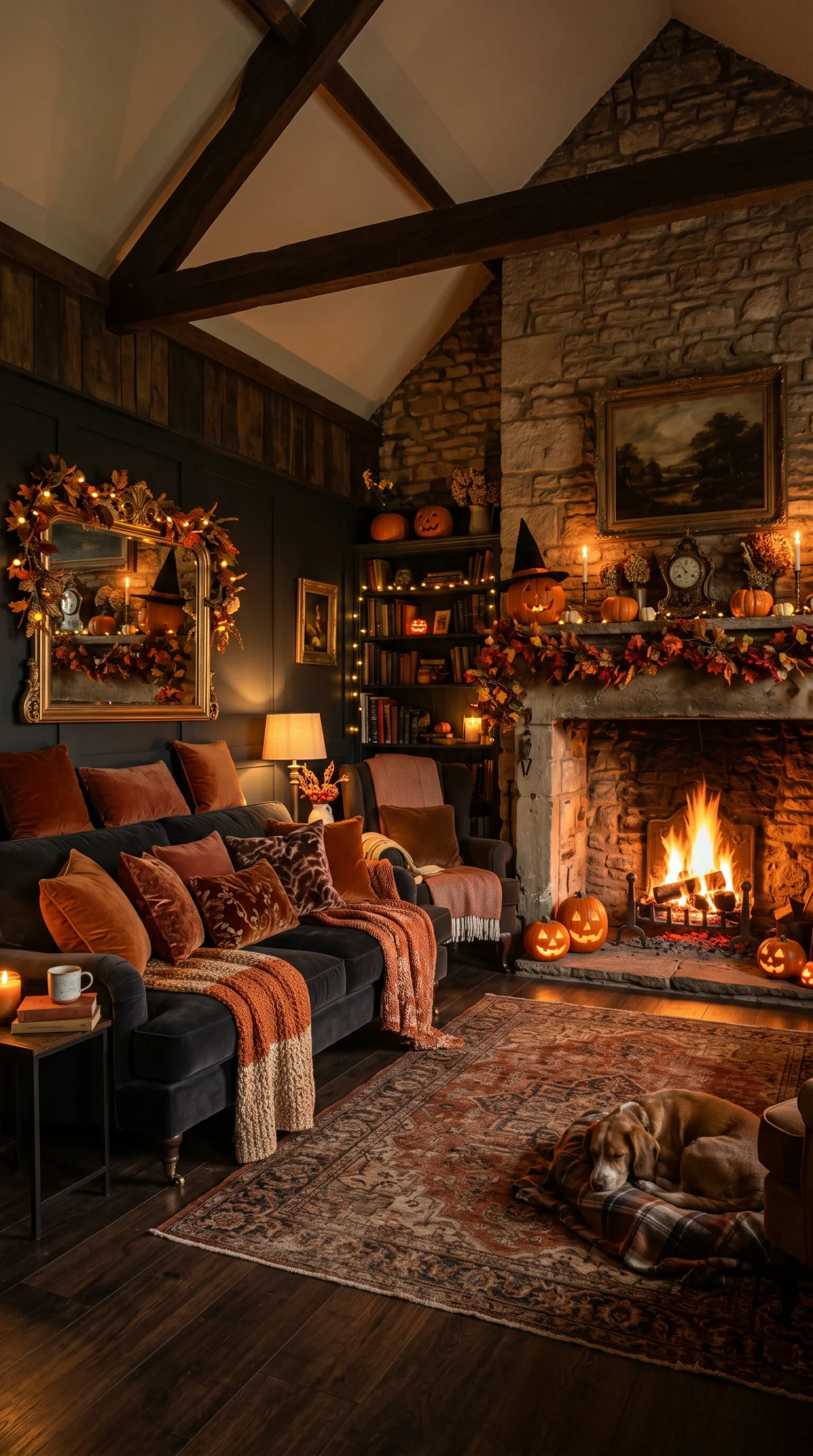 Wide architectural shot of a cozy Halloween living room with a dark velvet sofa, Burnt Pumpkin throw pillows, and a glowing fireplace.