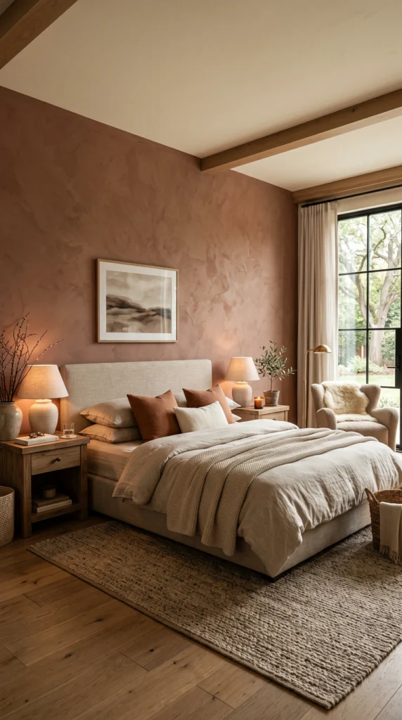 Wide architectural shot of a cozy master bedroom with a deep clay limewash accent wall behind a low-profile bed.