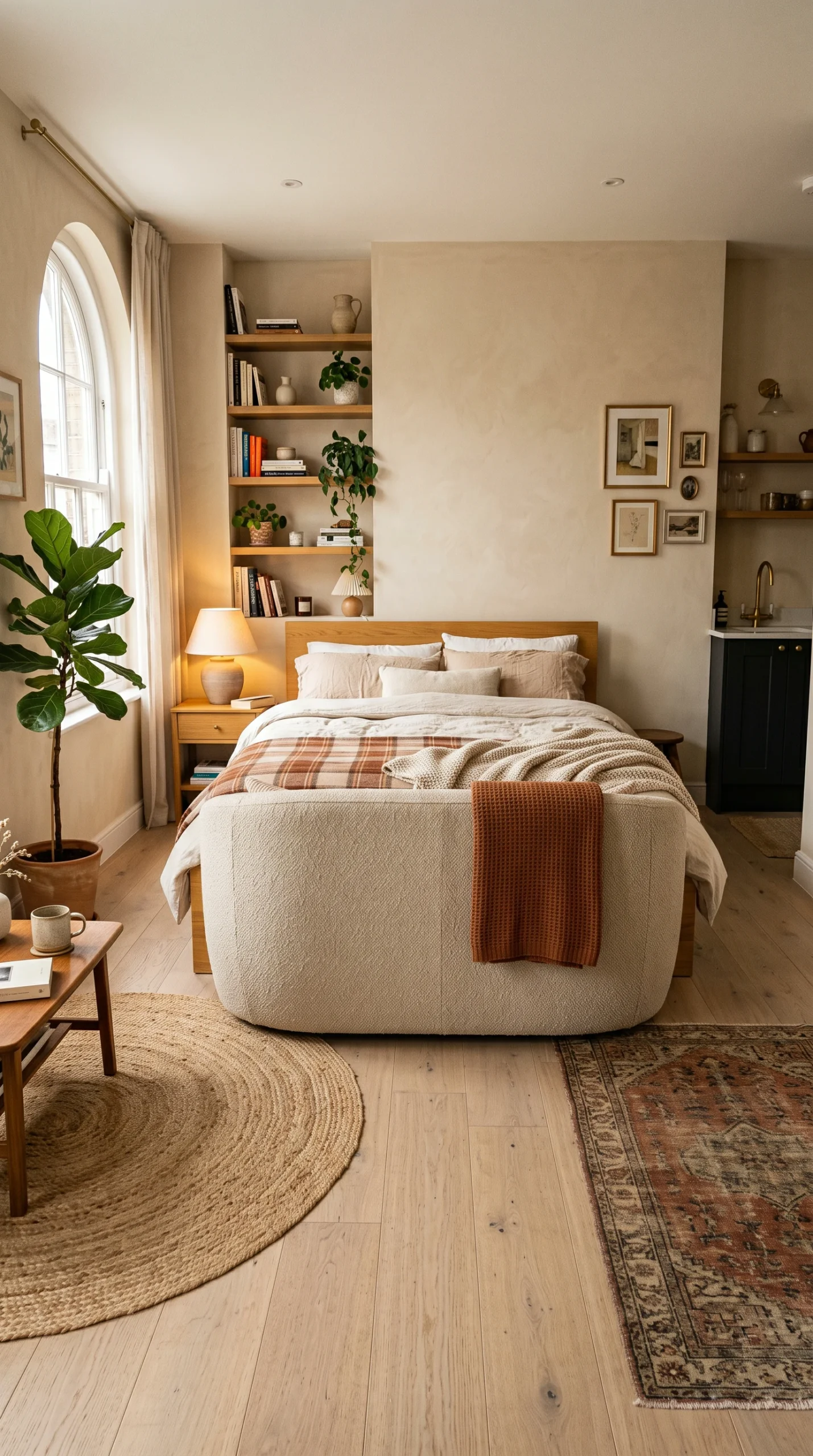 Warm oatmeal curved sofa placed against a golden oak platform bed in a cozy studio apartment layout.