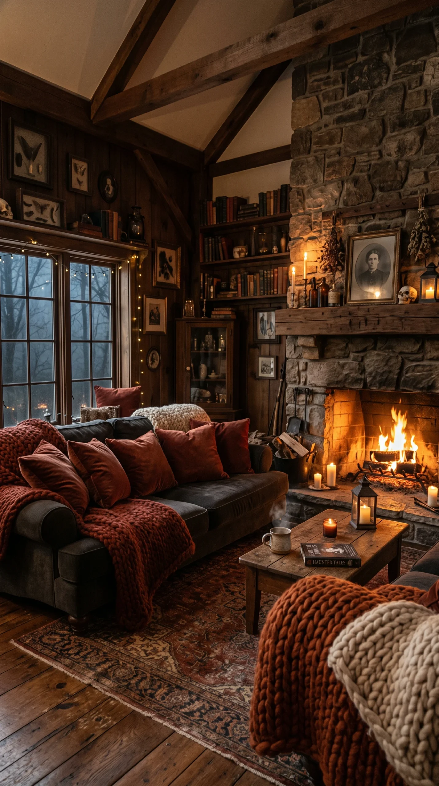 A warm and inviting living room at night with a large stone fireplace, a cozy sofa with rust-colored blankets and pillows, and rustic wood paneling.