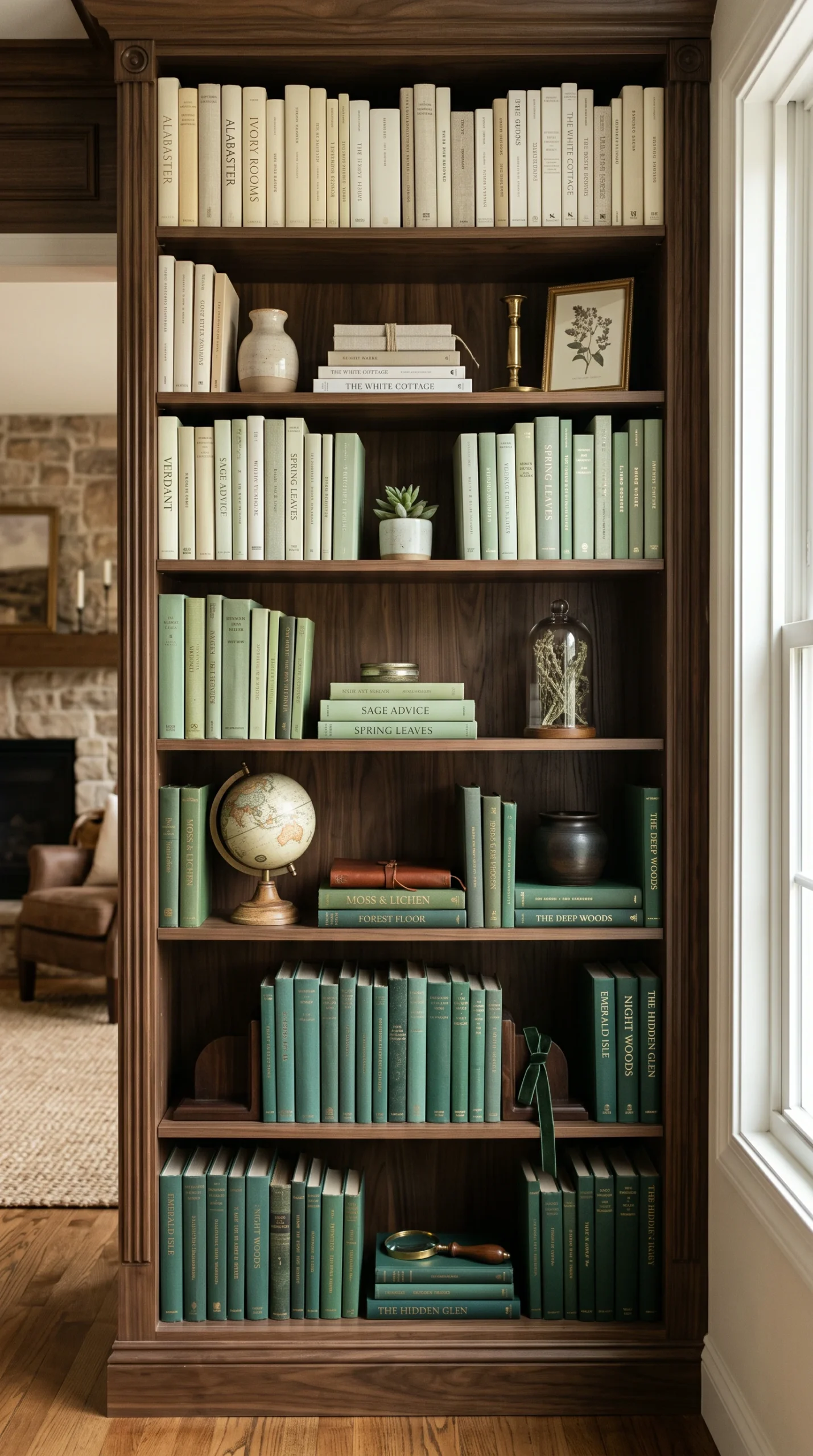 Vertical home library bookshelf featuring a color-coordinated ombre transition from cream to dark green.