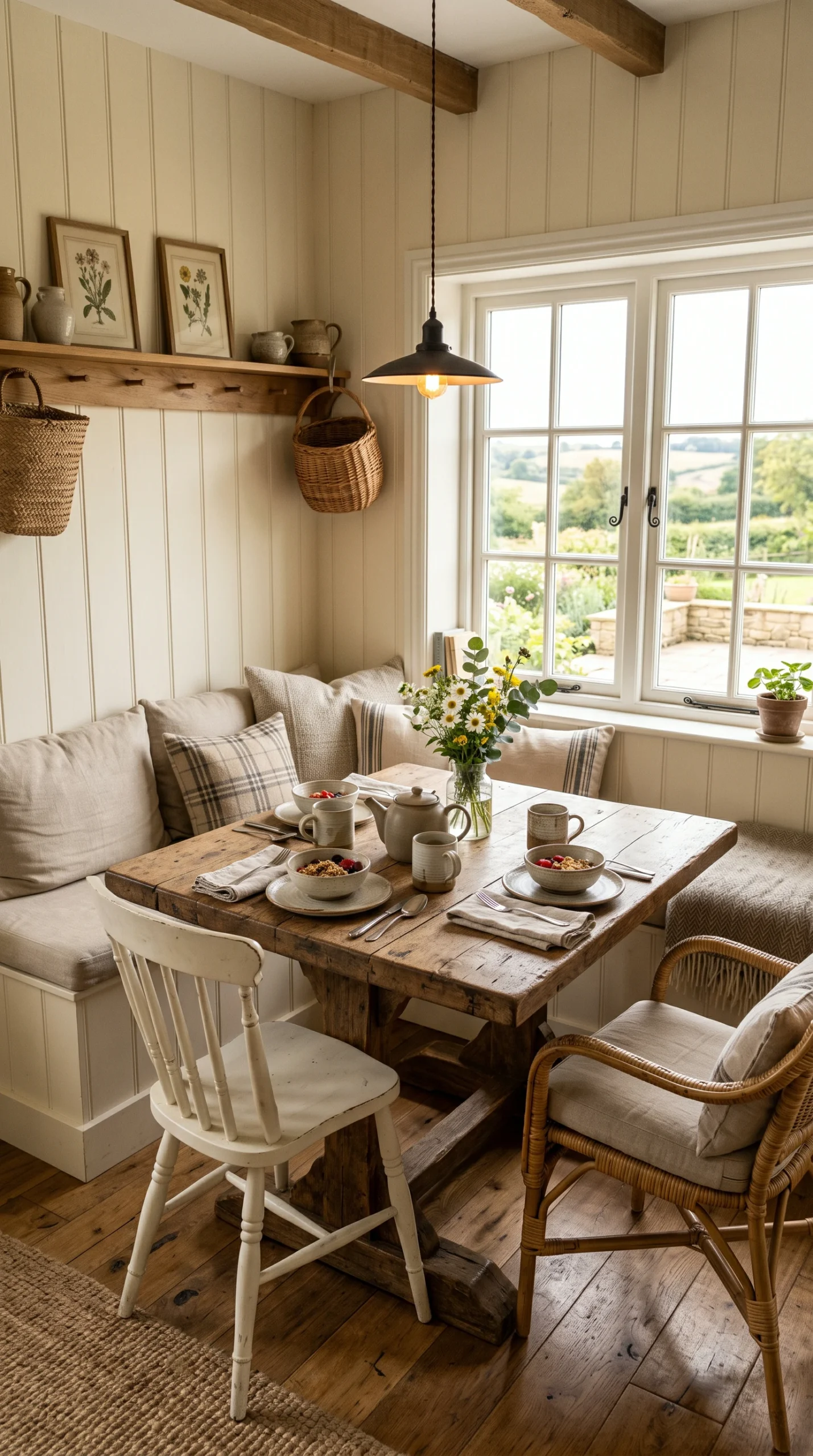 Wide architectural shot of a farmhouse breakfast nook featuring creamy vertical shiplap walls and a reclaimed wood trestle table.