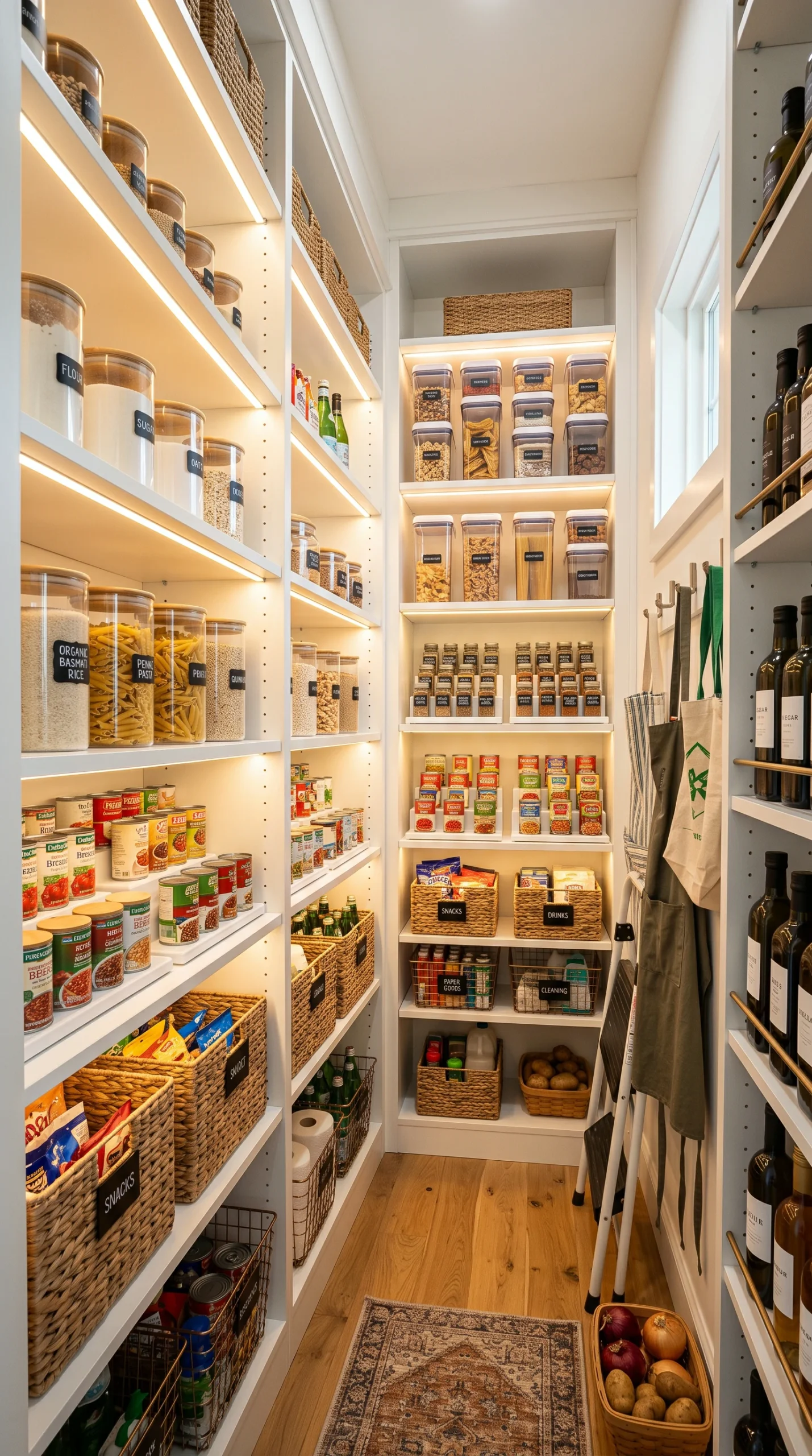Wide shot of an organized pantry with white adjustable shelves and under-shelf LED lights illuminating various stored dry goods and baskets.