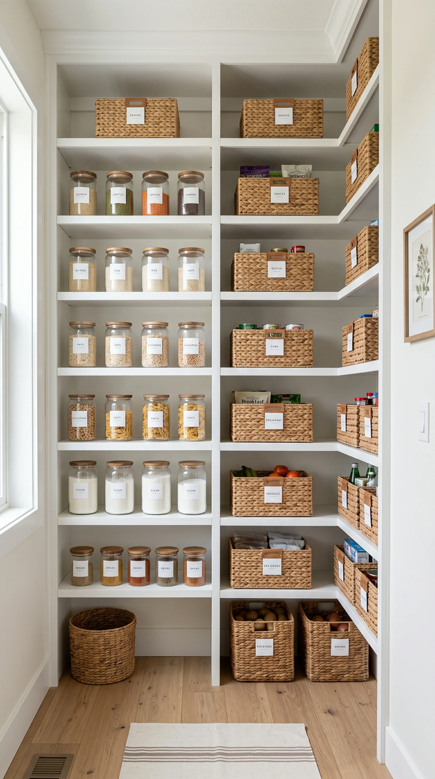 Wide shot of a bright white pantry with organized clear glass jars and natural woven storage baskets on built-in shelving.