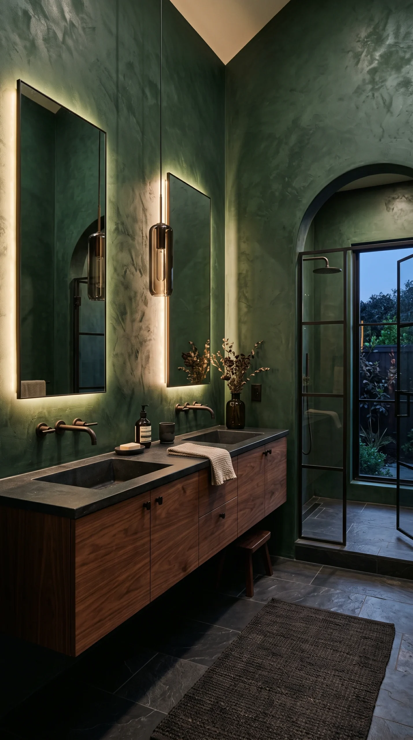 Dark green bathroom with textured Roman clay walls and a modern floating walnut double vanity with warm lighting.