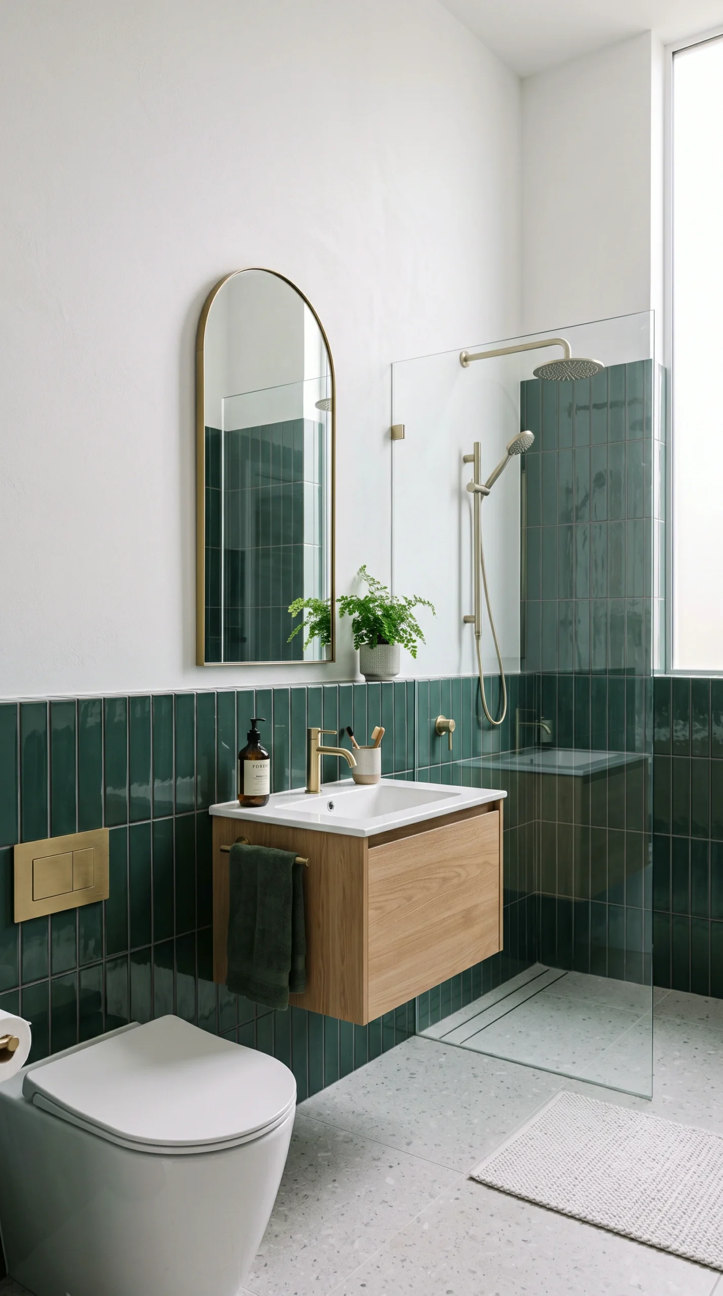 Glossy deep emerald green vertical lower wall tiles beneath matte white plaster in a pristine modern bathroom.