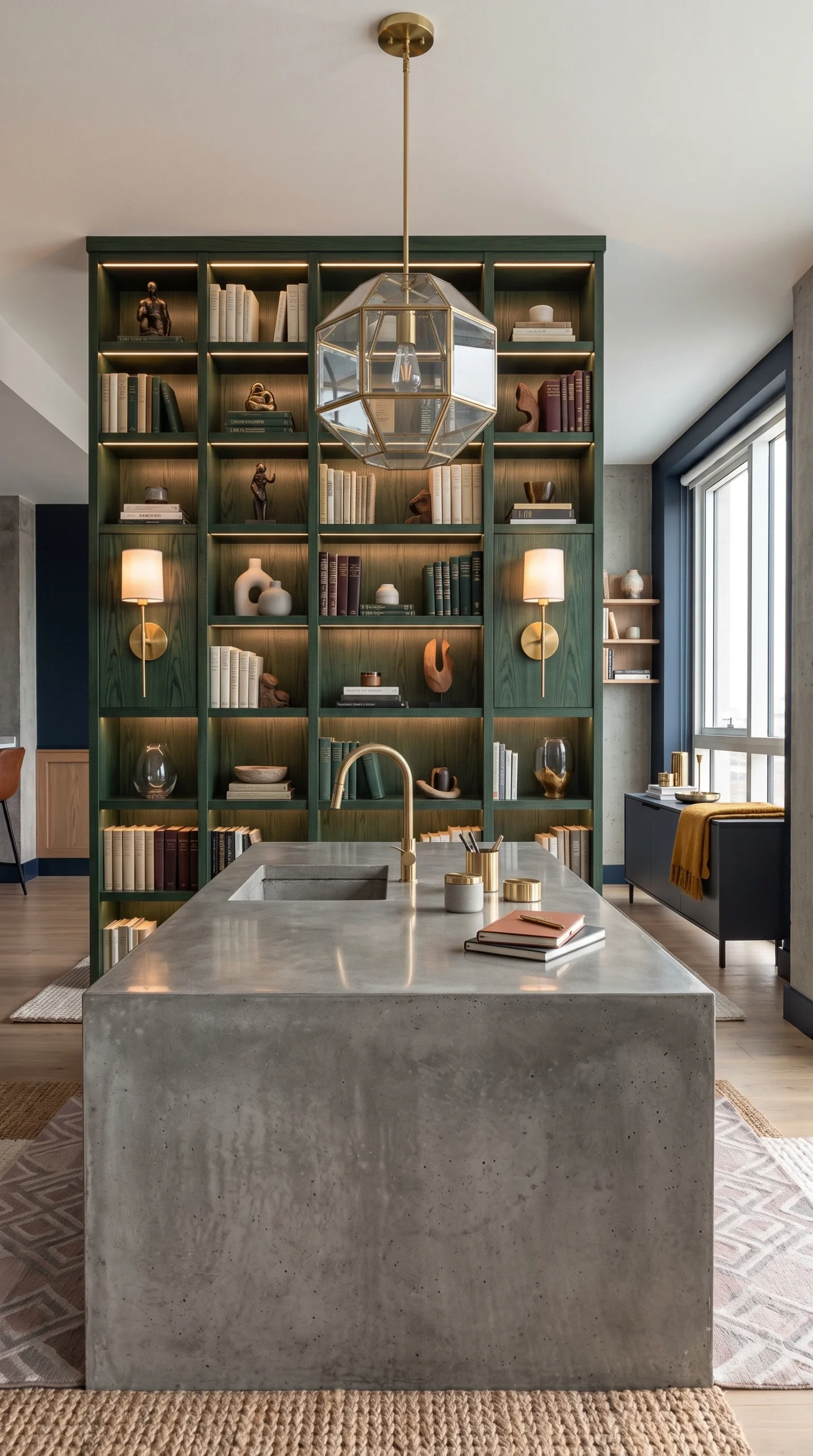 Custom floor-to-ceiling Deep Forest oak bookshelf in a modern urban apartment.