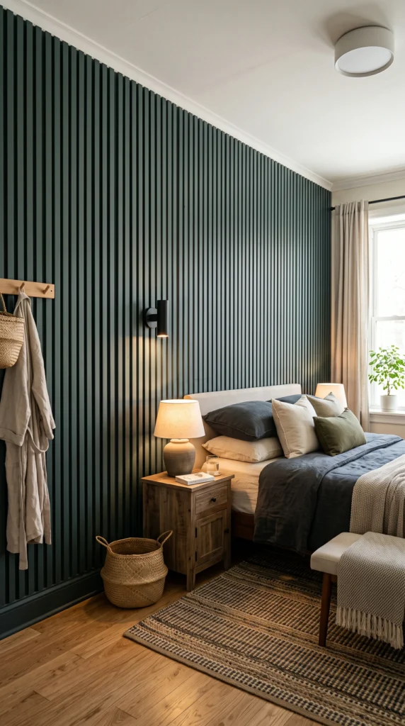 A wide architectural view of a bedroom featuring a floor-to-ceiling dark slate green MDF slat wall behind a neutral upholstered bed.