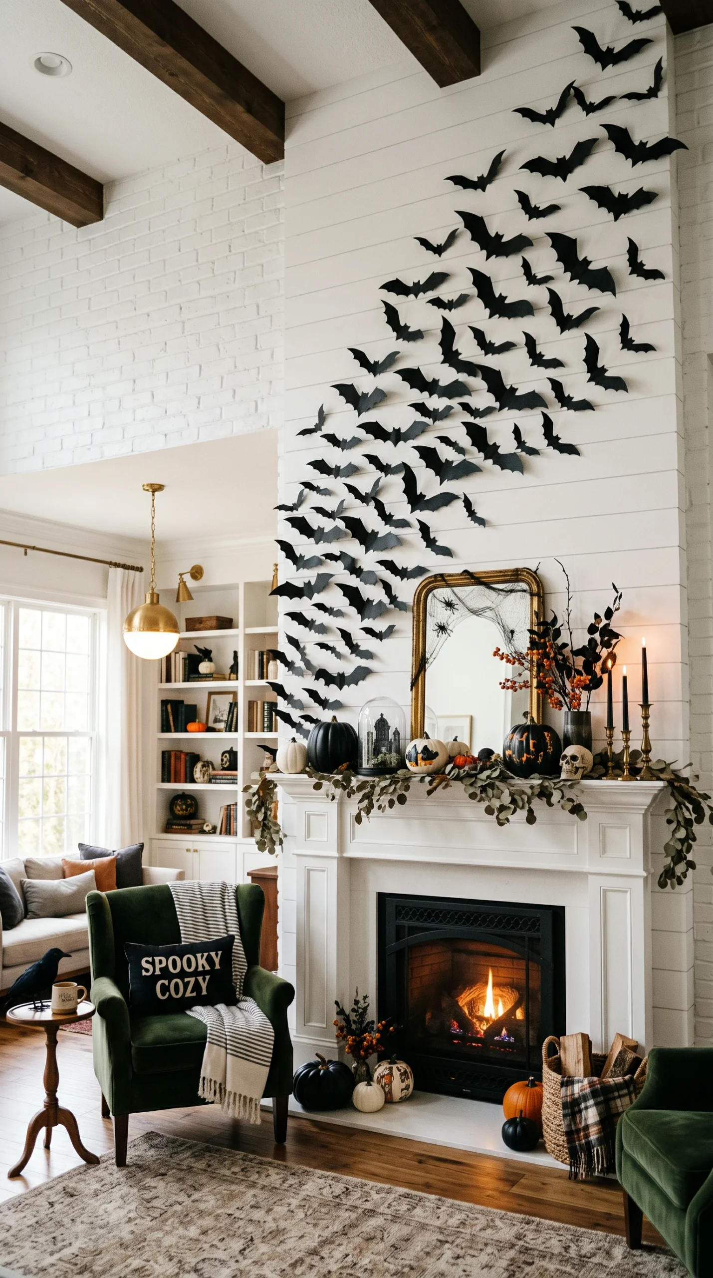 Vertical shot of a white fireplace mantel decorated with black paper bats ascending the wall, styled for Halloween.