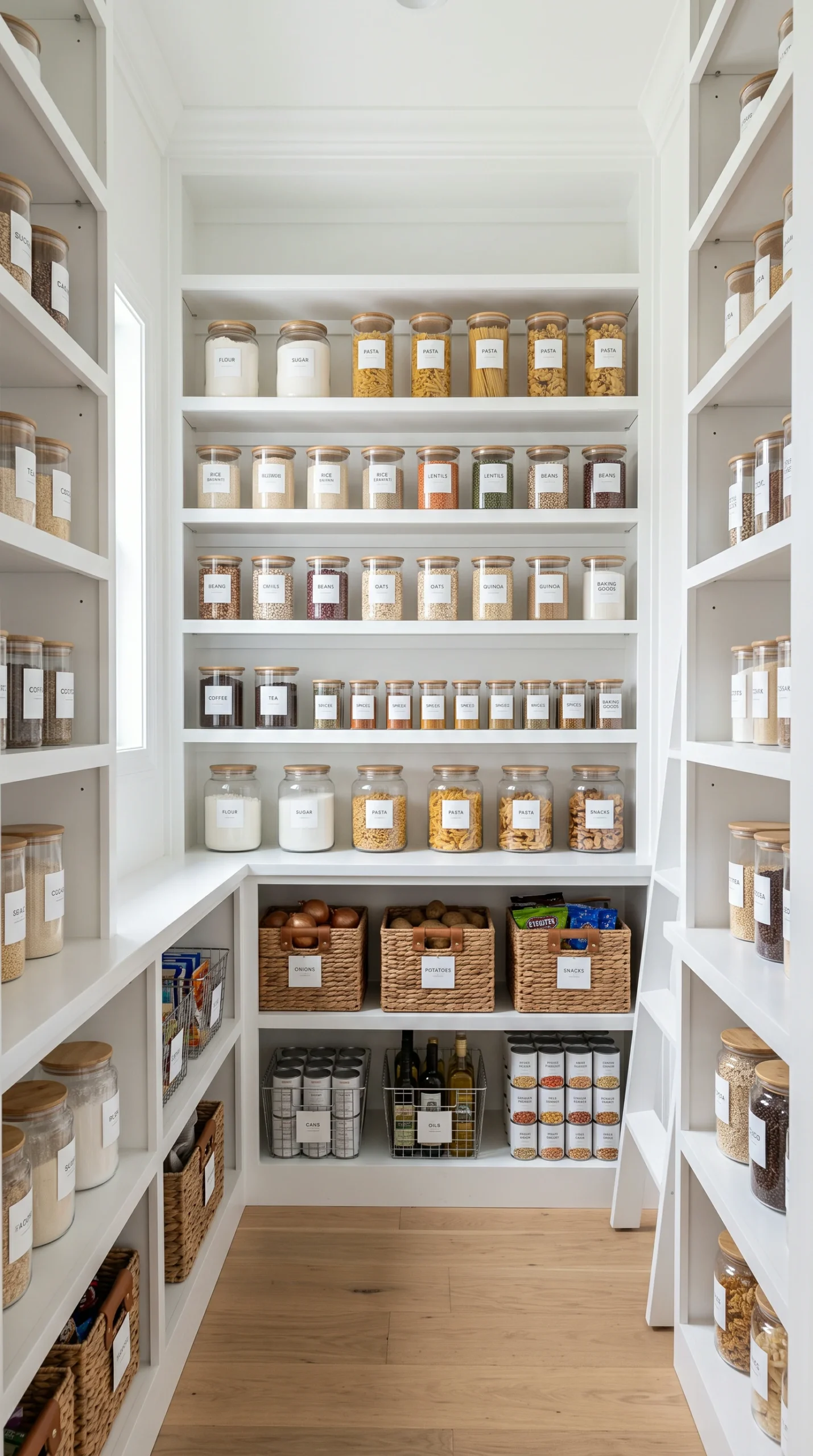 Wide shot of a clean, white-shelved pantry with glass jars and organized storage boxes.