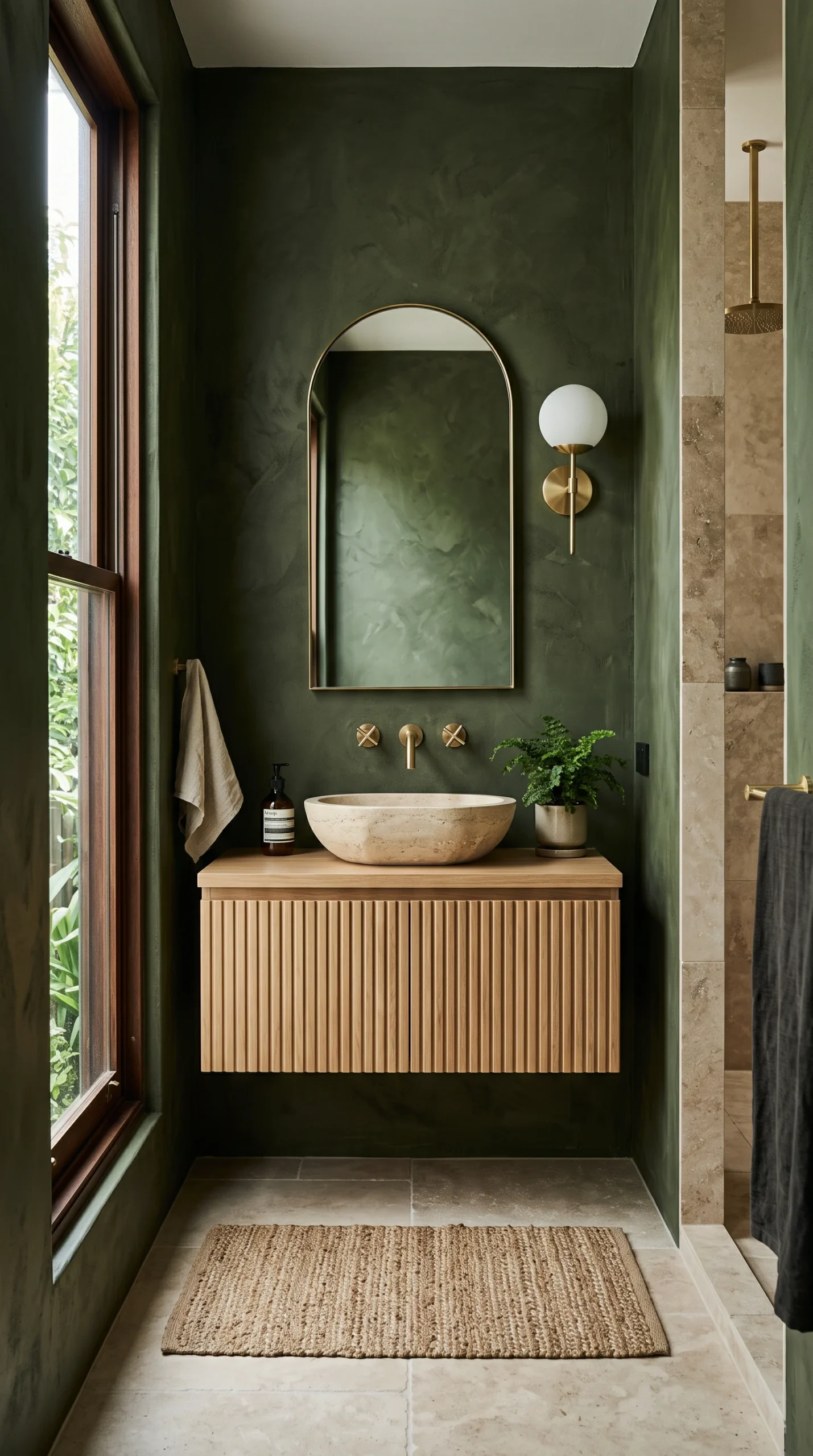 Floating white oak fluted vanity against forest green Roman clay walls in an earthy modern bathroom.