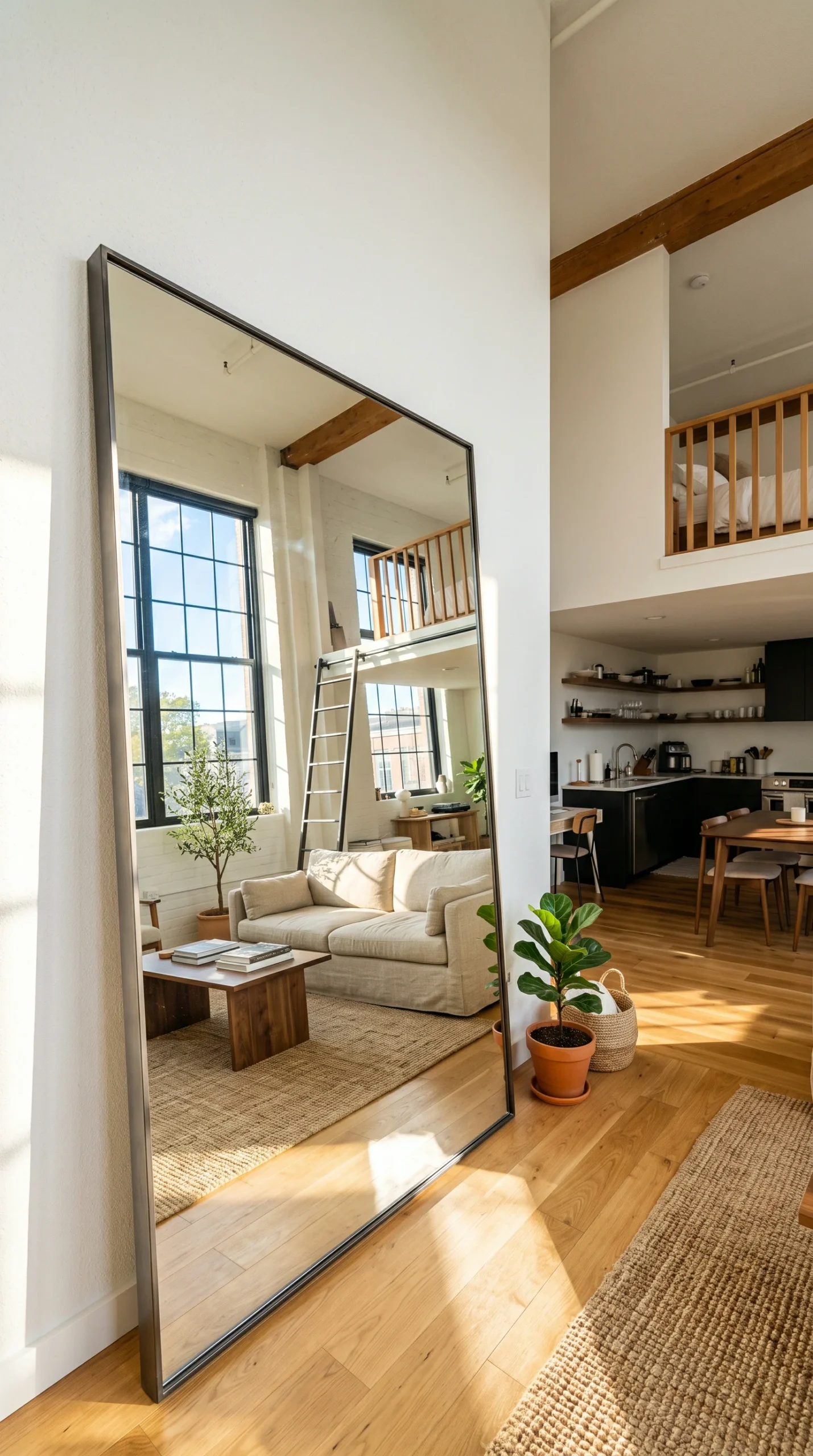 Large leaning mirror against white wall reflecting sunlight in a spacious studio apartment interior design.