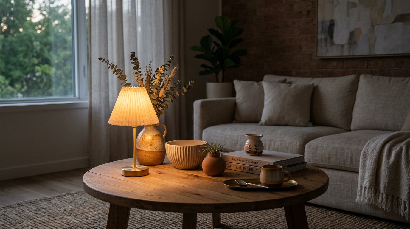 Cordless table lamp with a pleated linen shade illuminating a coffee table.