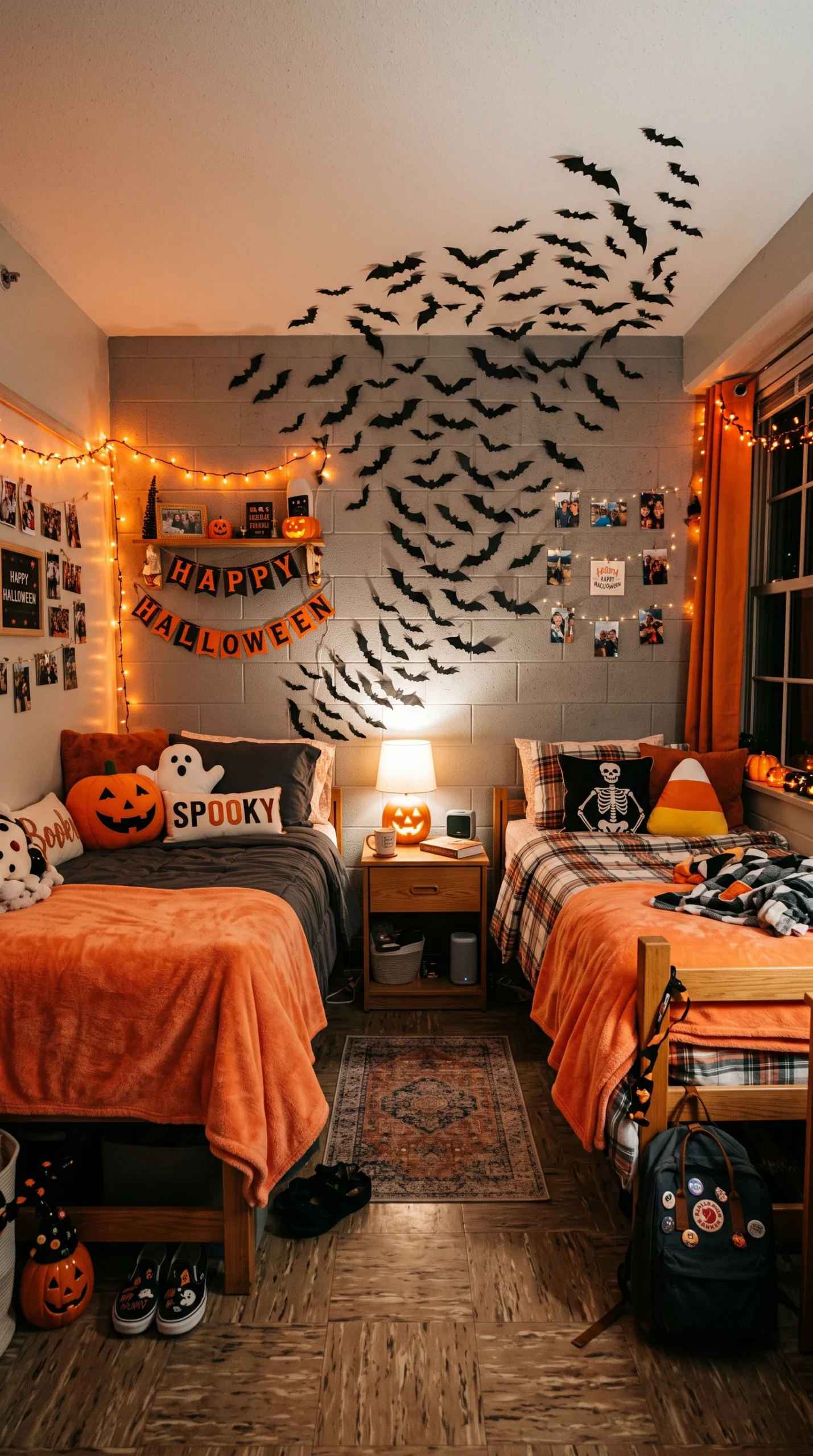 Wide shot of a dorm room with two twin beds featuring bright orange throw blankets, a large paper bat decoration spread across the grey block wall, and warm string lights.
