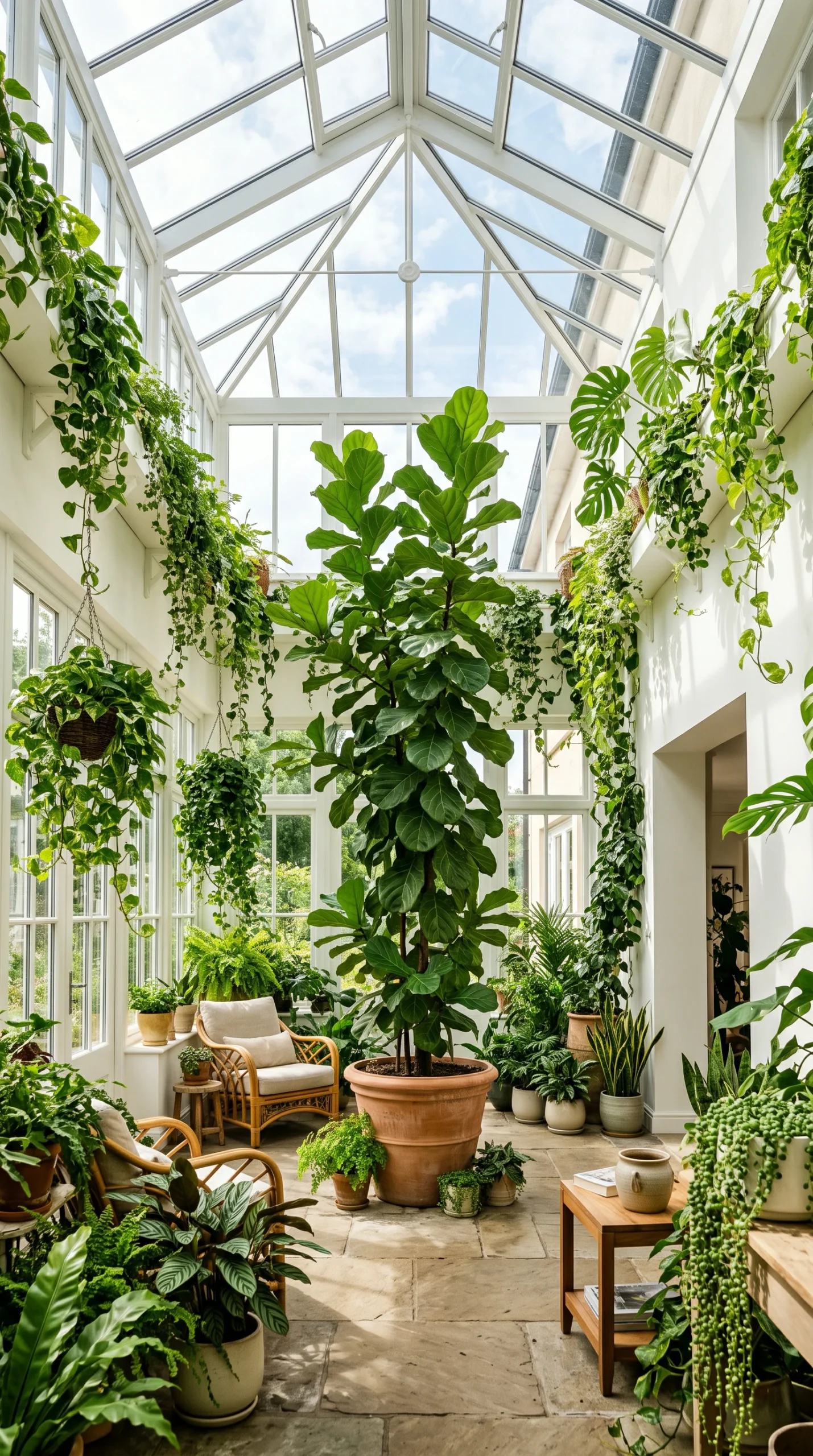 A towering Fiddle Leaf Fig tree in a sunlit glass conservatory, surrounded by lush green trailing plants.