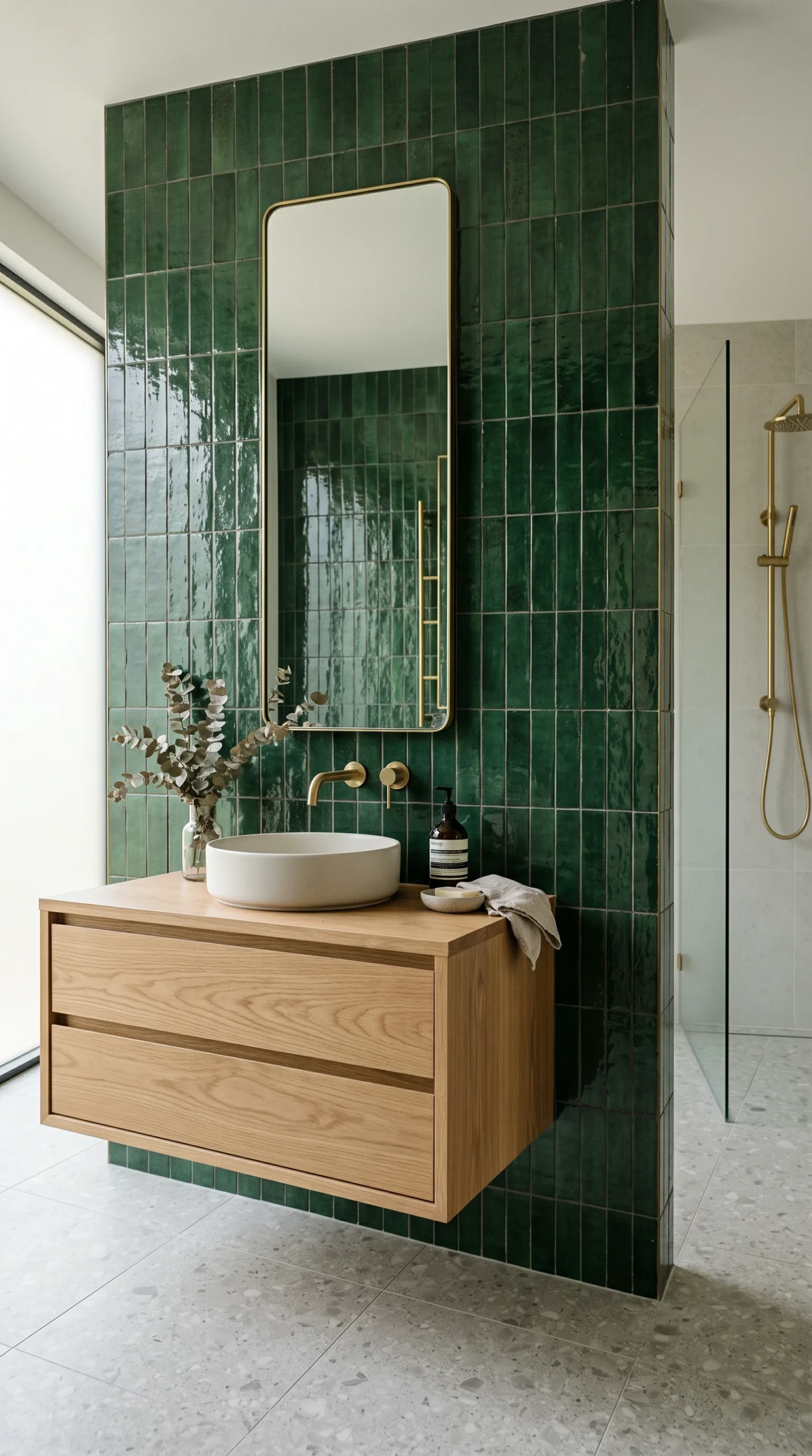 Modern bathroom with floating white oak vanity against a statement wall of glossy, dark forest green zellige tiles stacked vertically.