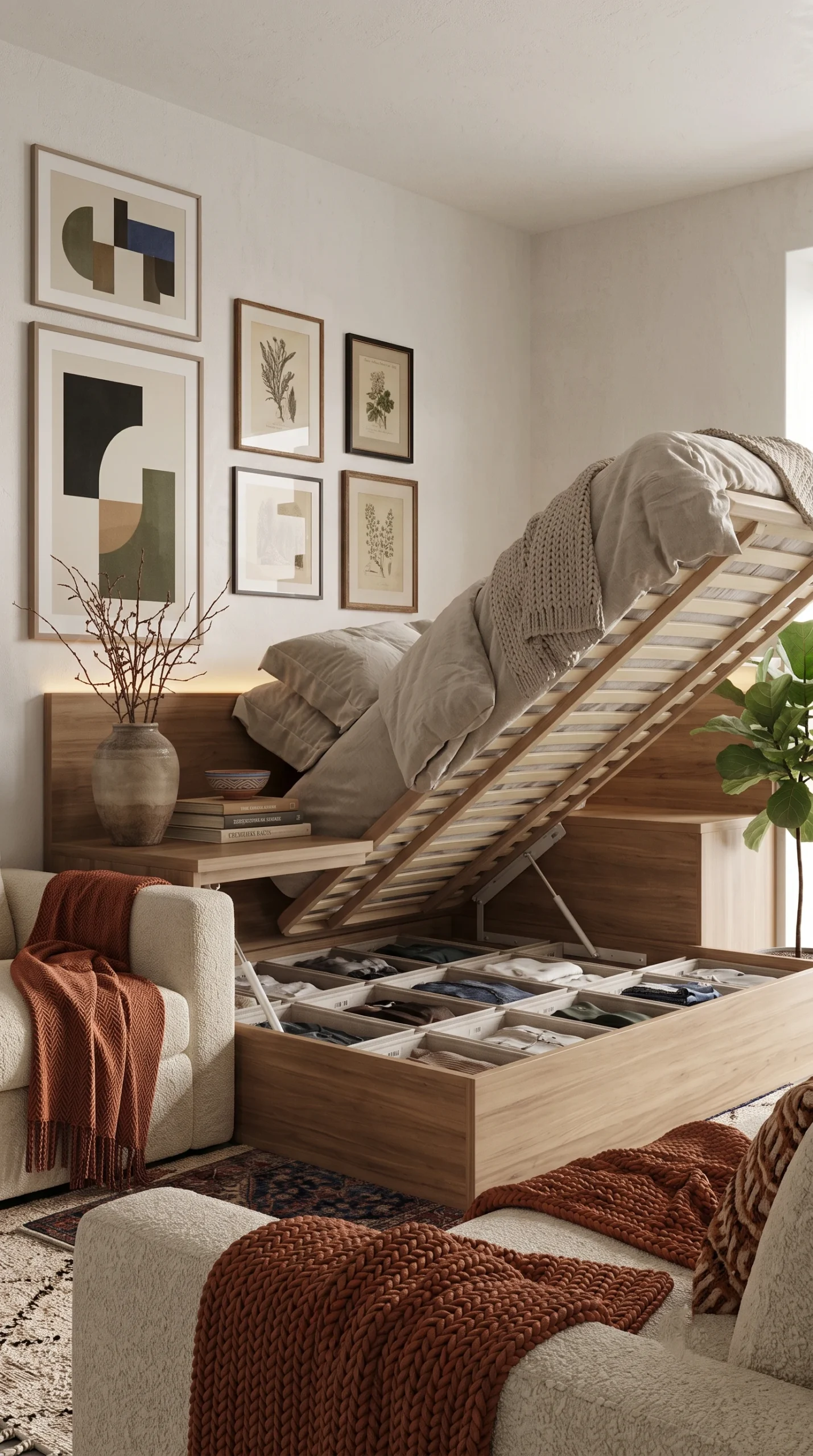Functional apartment bedroom with a hydraulic lift storage bed and linen bedding.