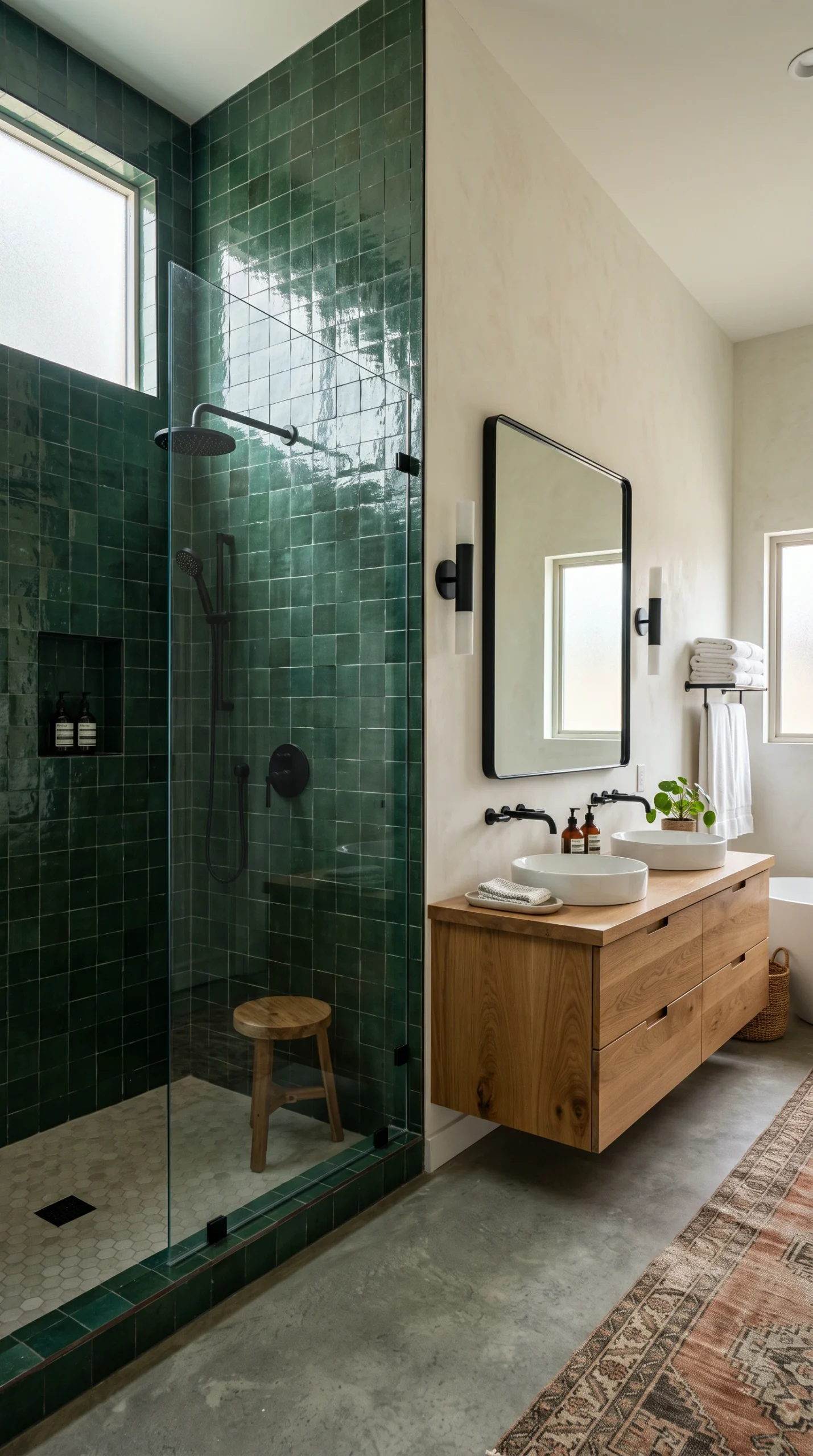 A modern master bathroom with a walk-in shower featuring deep green zellige tiles next to a floating white oak double vanity.