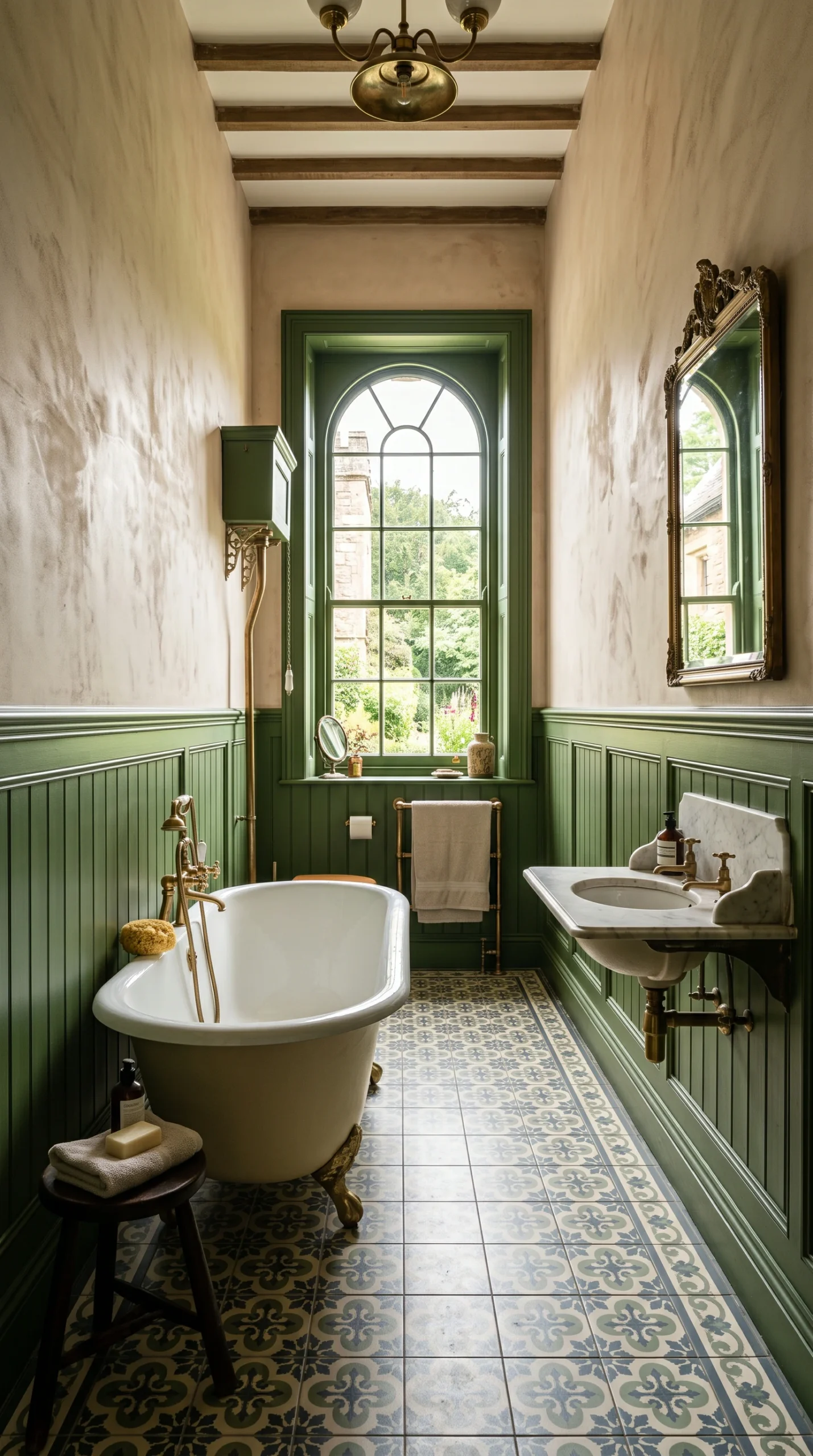 Heritage bathroom featuring green beadboard wainscoting and raw plaster upper walls.
