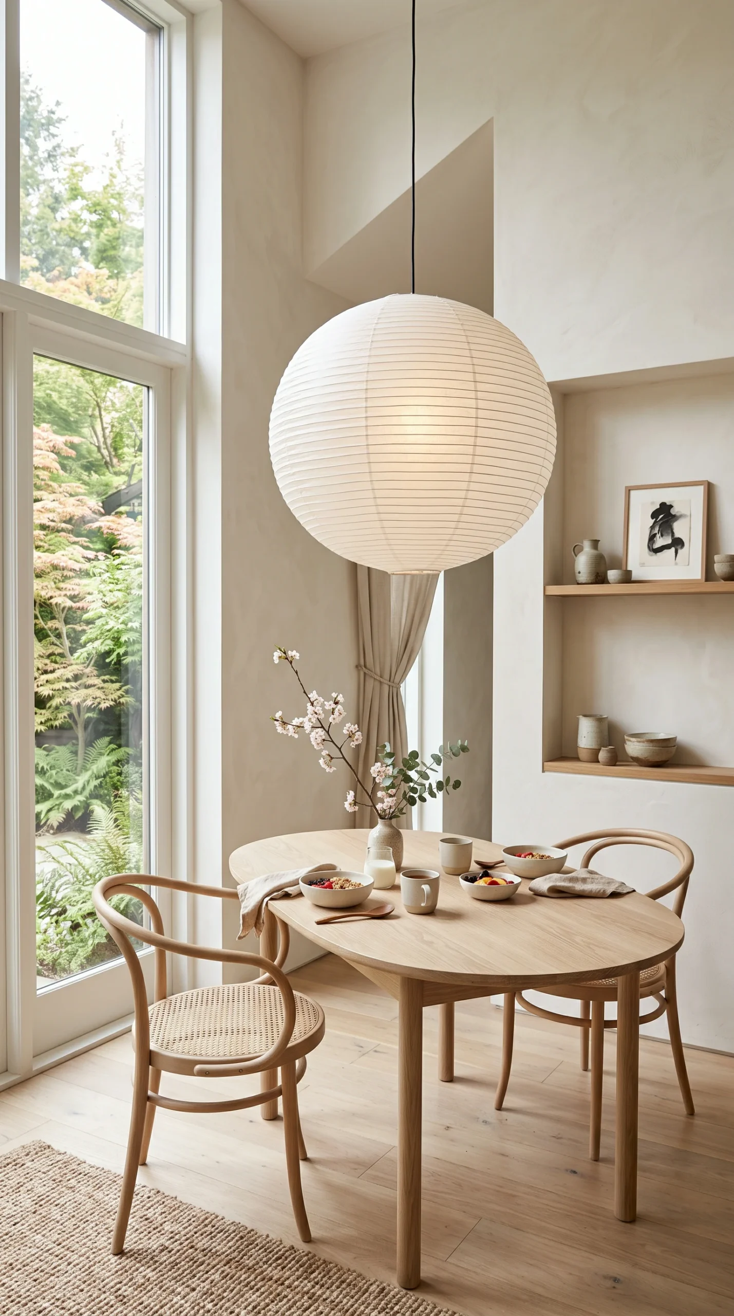 A wide shot of a Japandi breakfast nook with limewash walls, a large white paper lantern, and a wooden table surrounded by chairs.