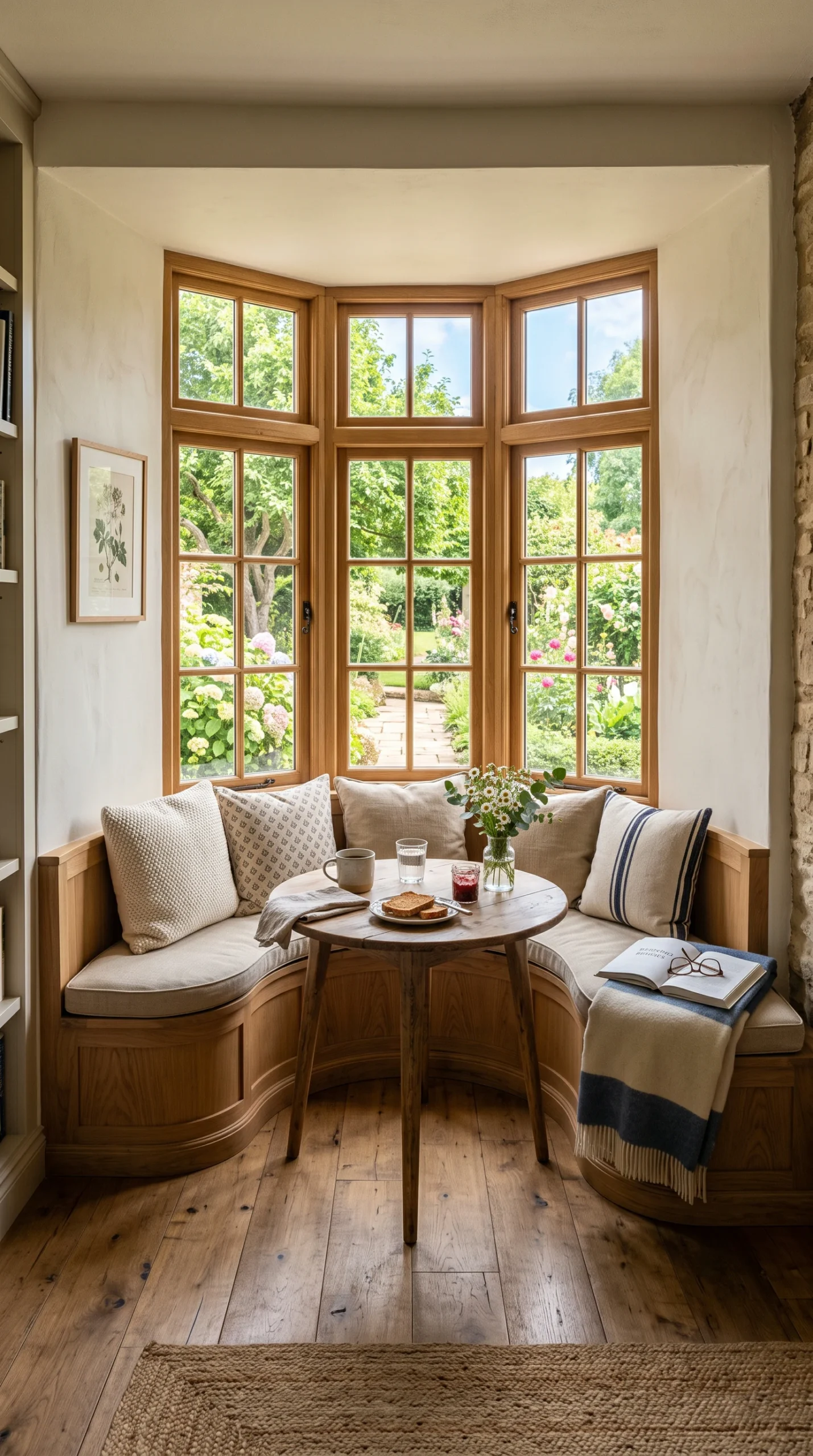 Custom built-in wooden bench seating in a sunlit bay window breakfast nook.