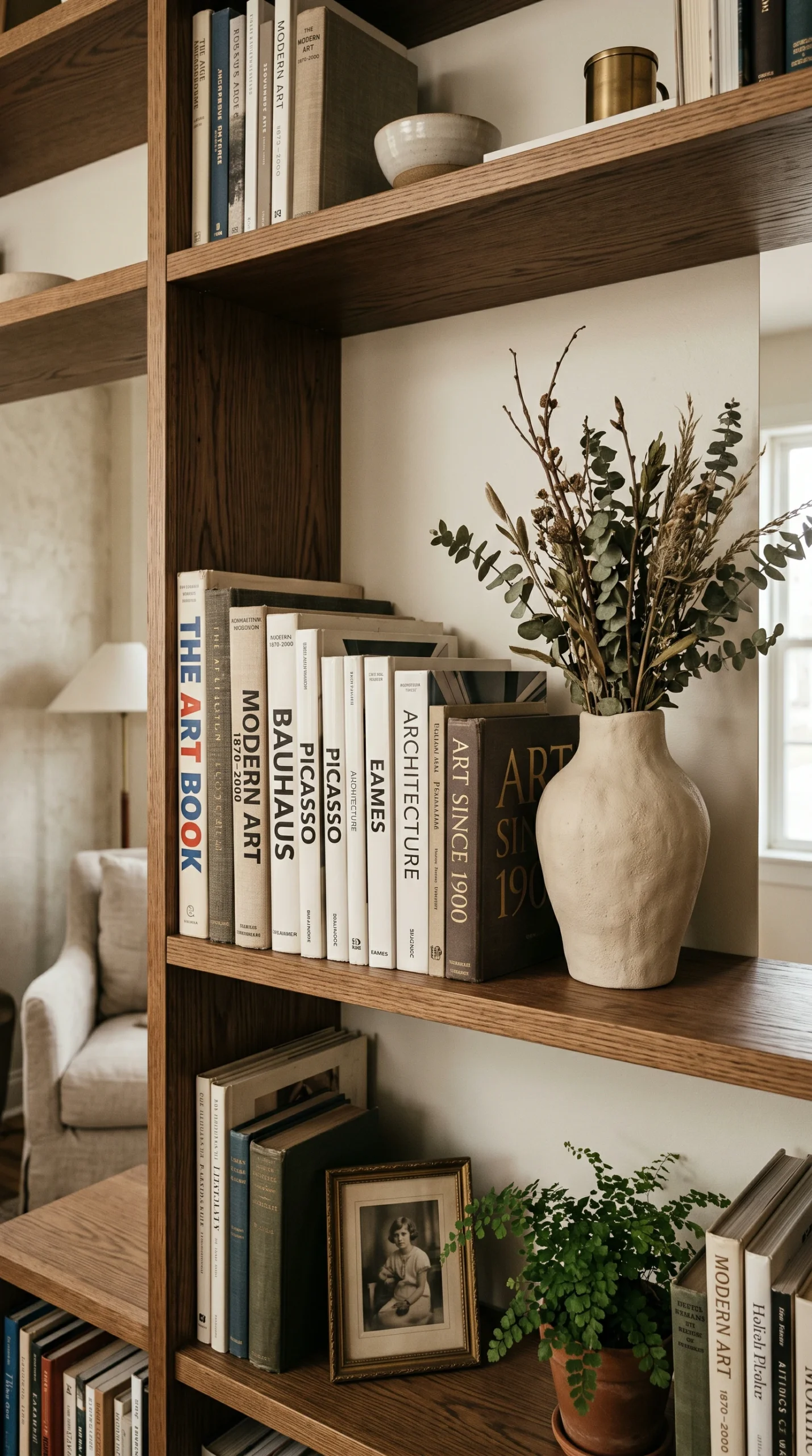 Vertical living room bookshelf featuring a heavy stack of oversized art books next to a raw plaster textured vase.