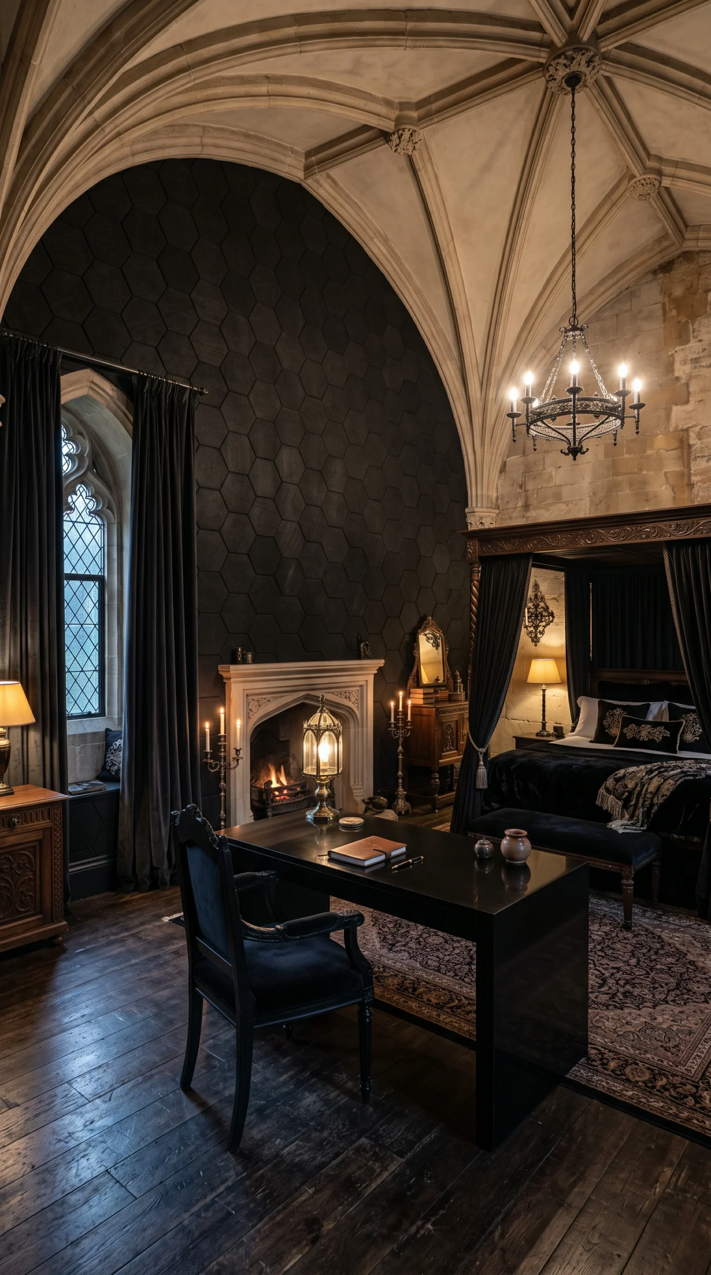 Wide view of a luxurious gothic bedroom with a black desk, hexagonal acoustic wall panels, and heavy velvet curtains.