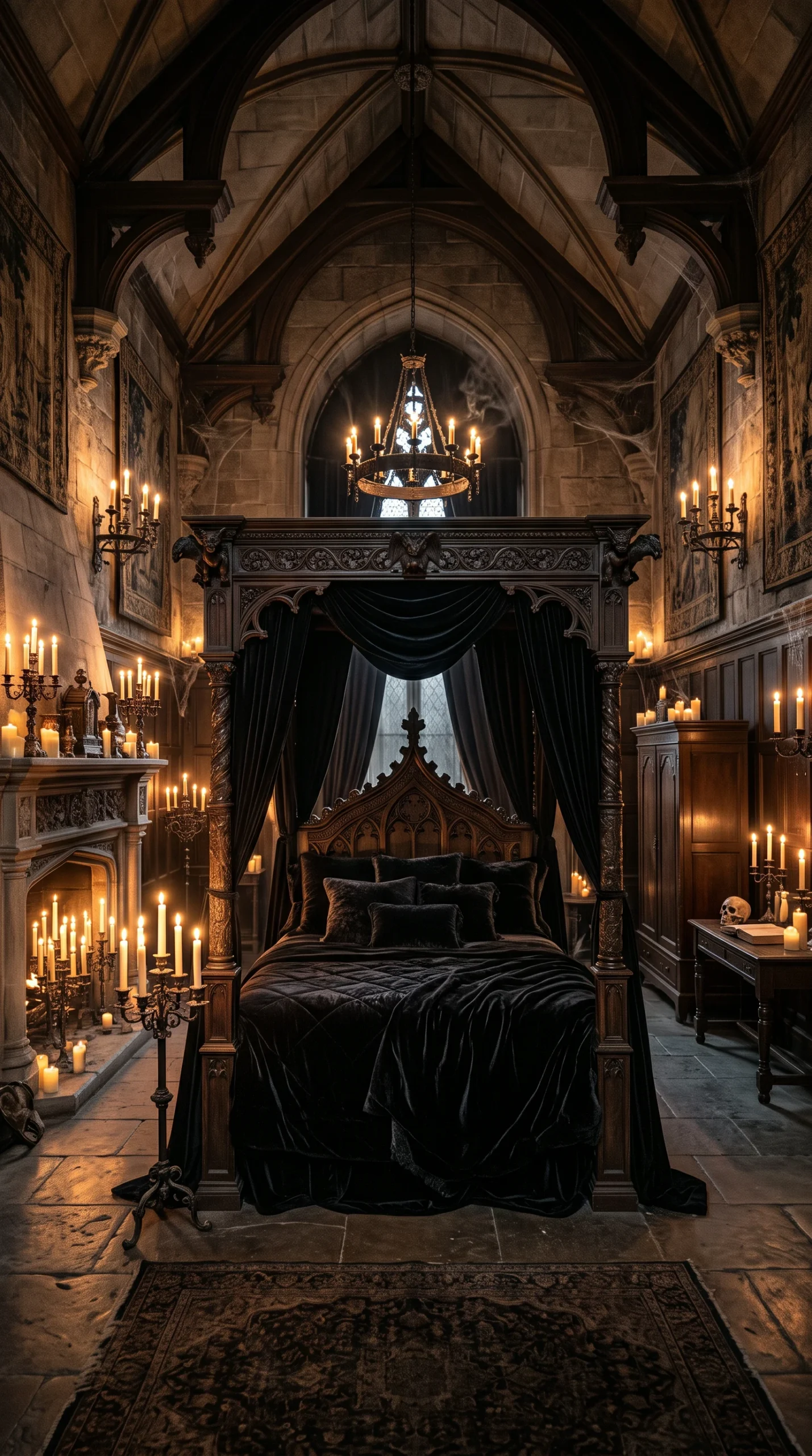 Wide shot of a dark haunted bedroom featuring black velvet bedding and numerous lit candles.