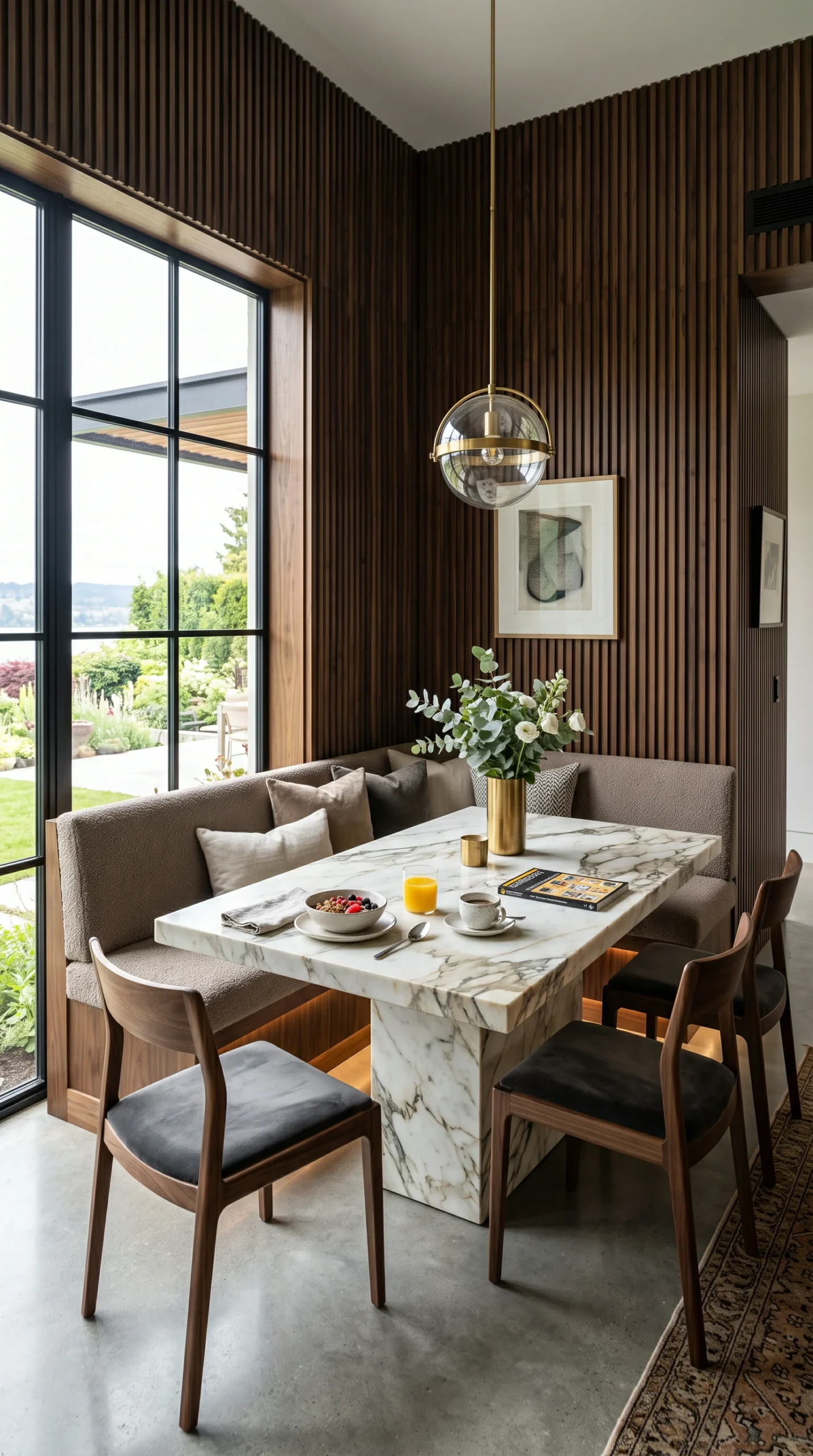 Luxury breakfast nook featuring smoked walnut fluted walls and a white Calacatta marble pedestal table.