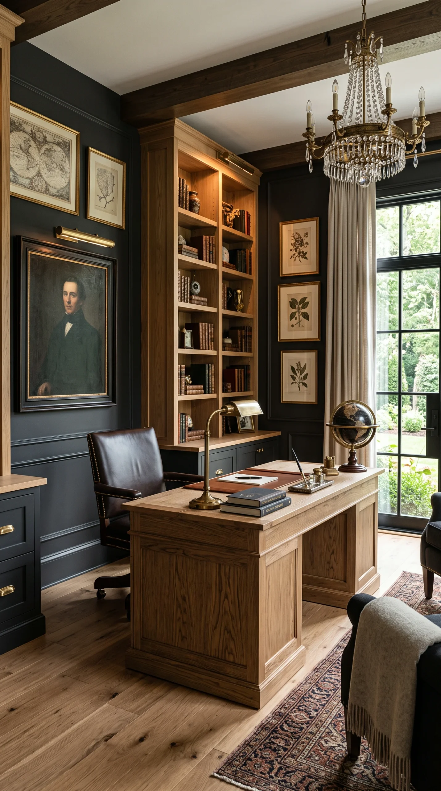 A luxurious executive study featuring dark charcoal walls, natural oak flooring, and a desk styled with warm vintage brass accents.
