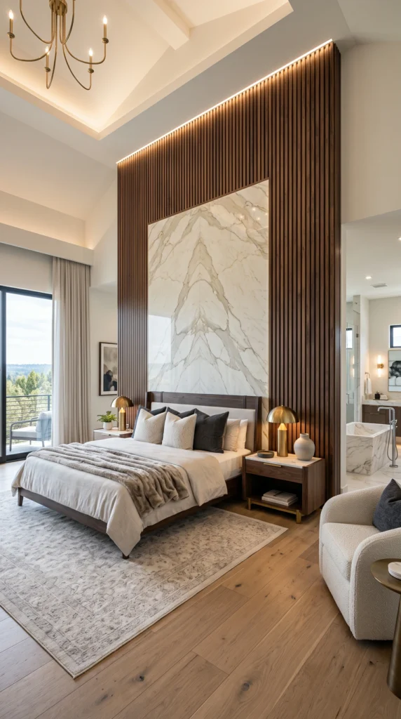 Wide architectural shot of a luxury master suite featuring a smoked walnut slatted accent wall and Calacatta marble slab behind the bed.