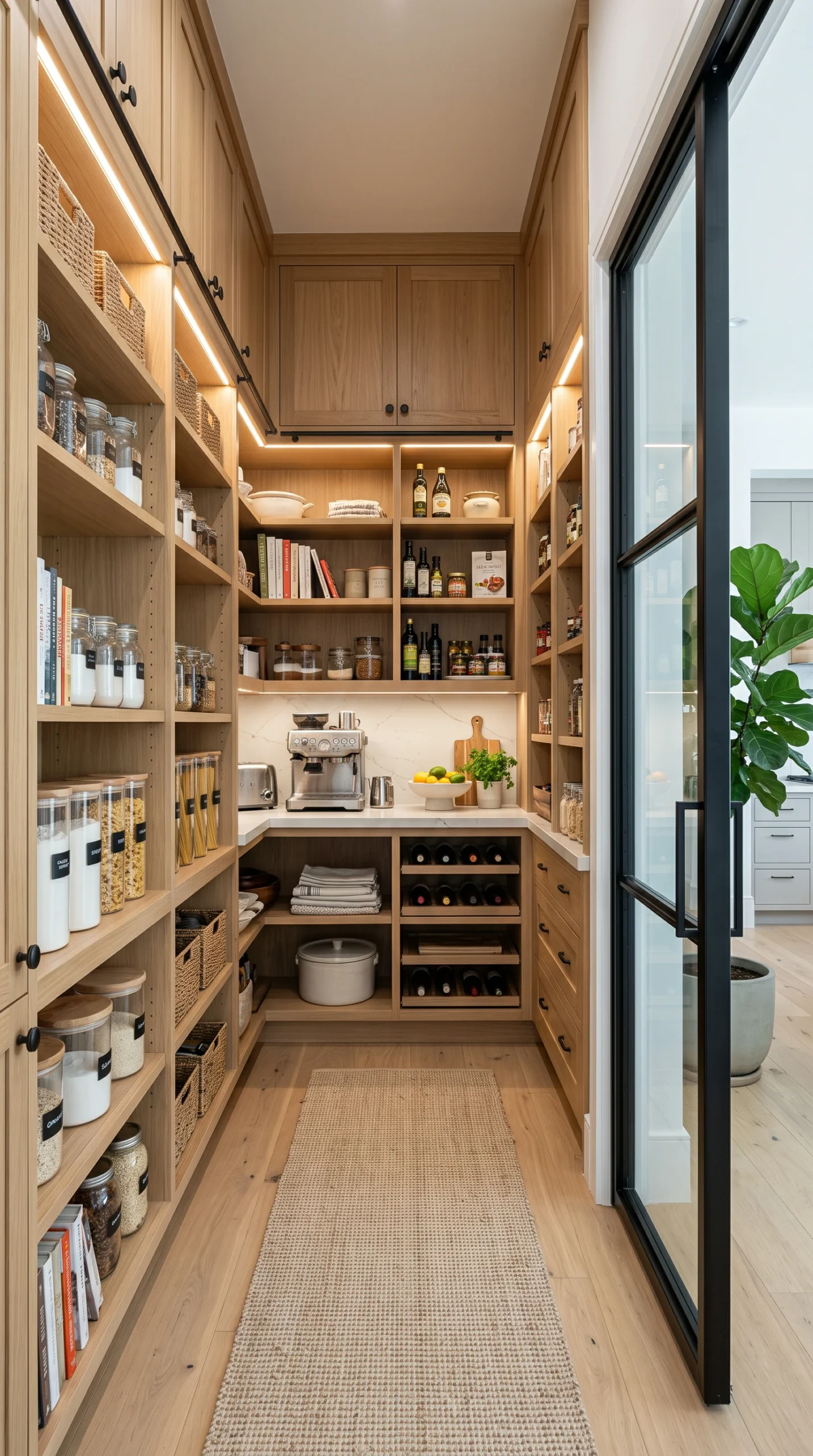 Highly photorealistic wide shot of a luxury pantry with White Oak custom shelving, a deeper quartz countertop, and a sliding glass door.