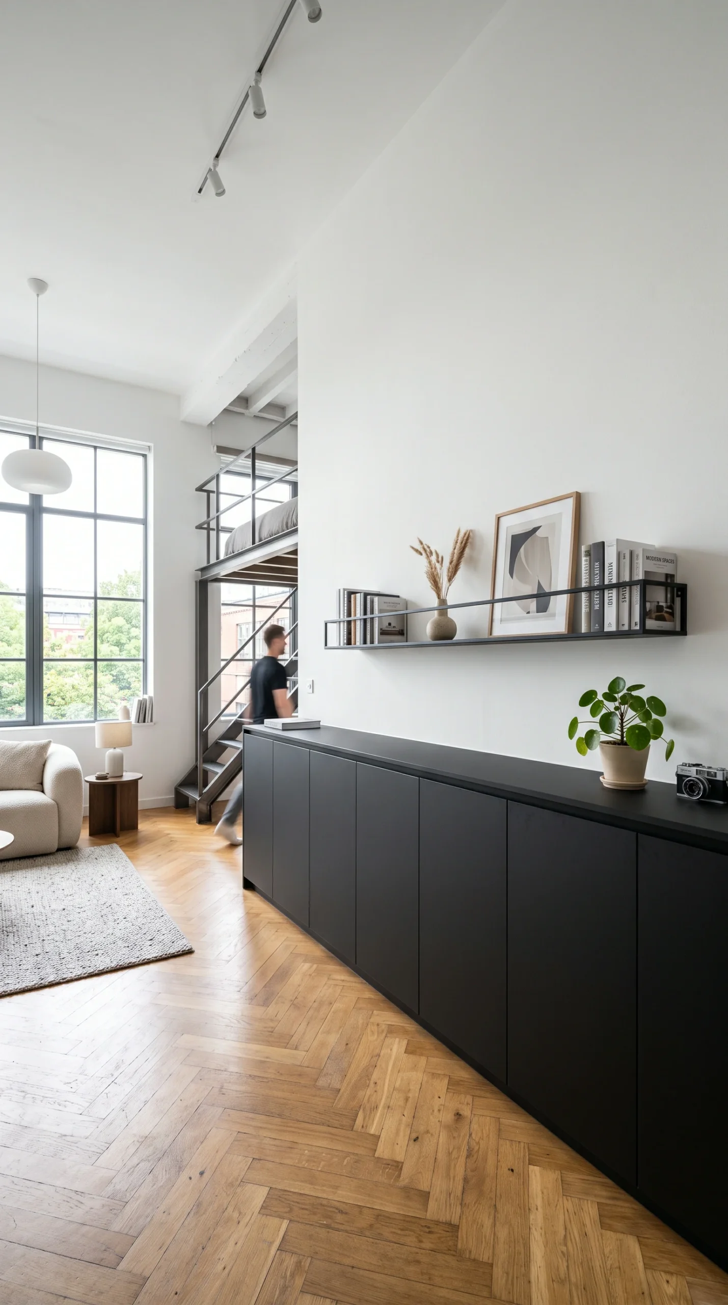 A seamless row of low matte black closed-door cabinets stretching across a crisp white wall in a bright studio apartment.