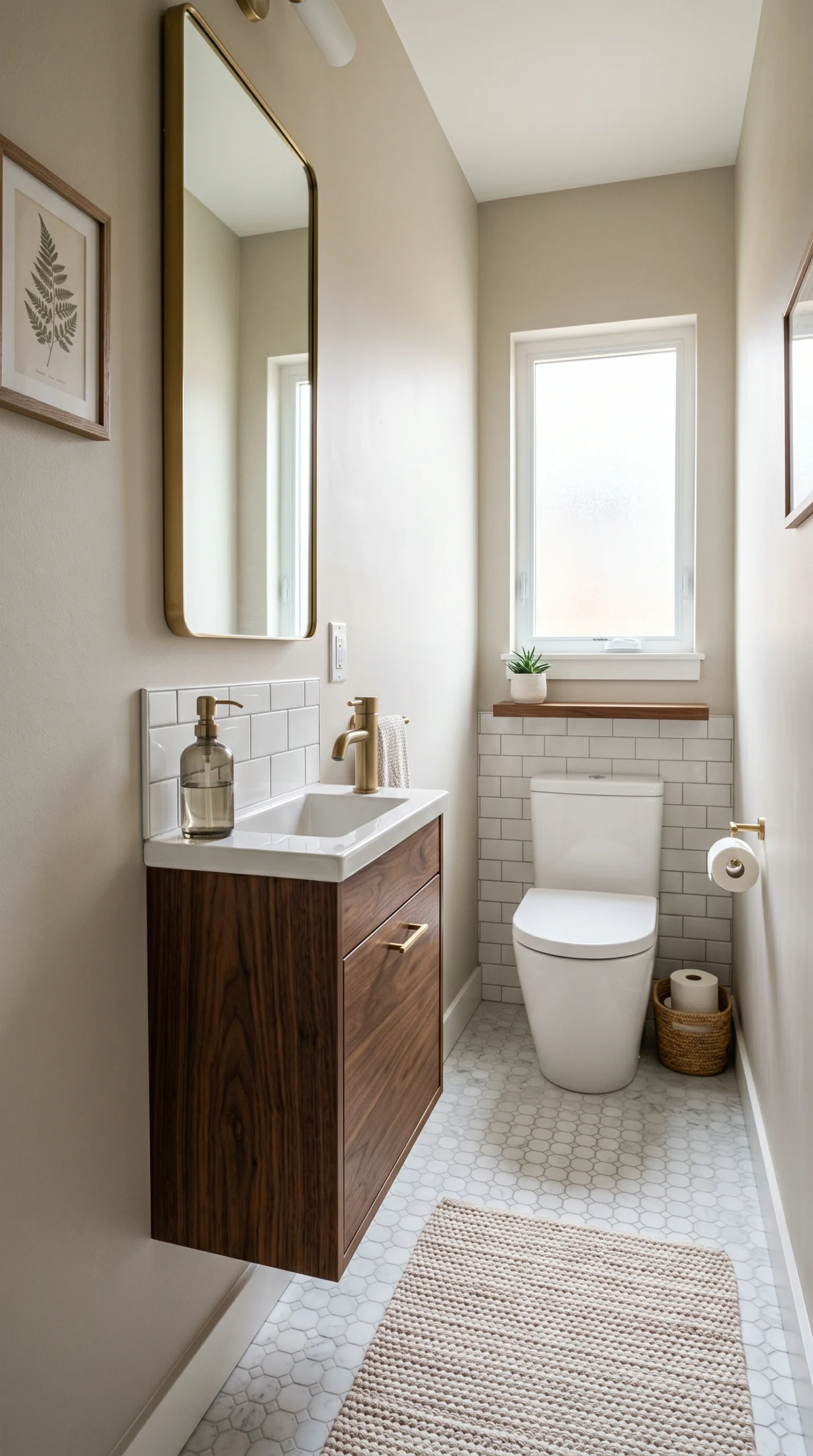 Vertical architectural shot of a small half bath featuring a micro-depth smoked walnut compact bathroom vanity preserving the walkway.