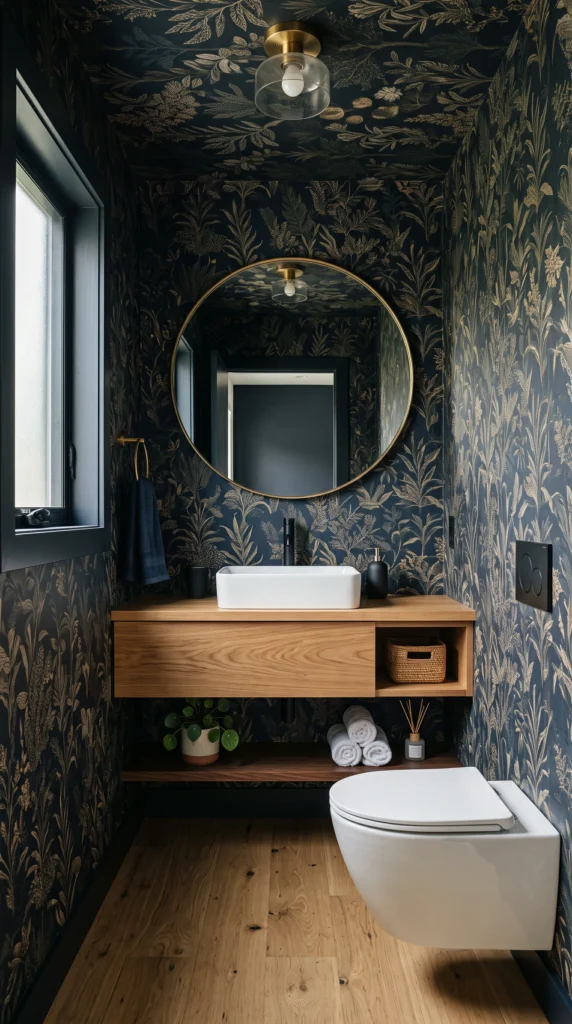 Dark midnight indigo Japandi botanical wallpaper in a small half bath with a white oak floating vanity.
