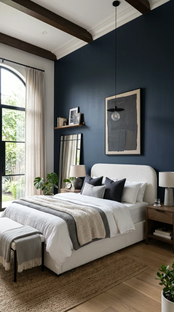 A modern bedroom featuring a dark blue painted accent wall and a textured white boucle bed frame.