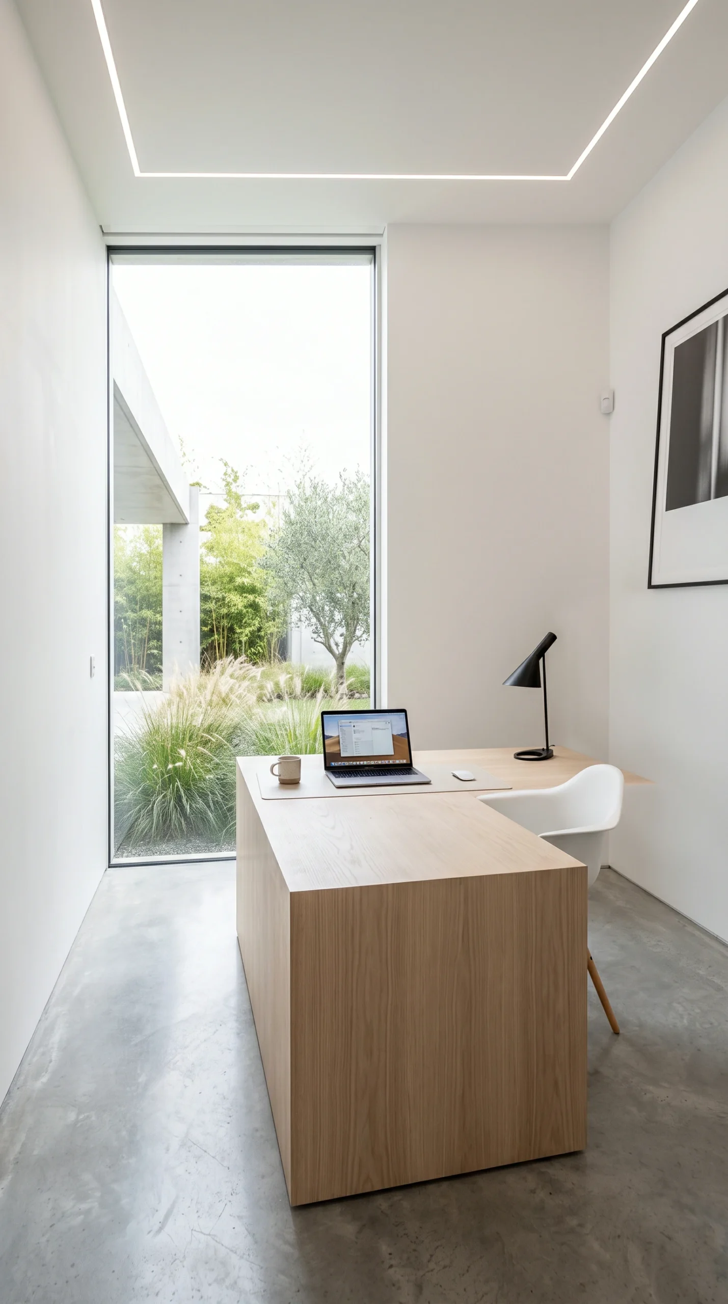 Wide architectural shot of a bright minimalist home office featuring a central light wood desk.