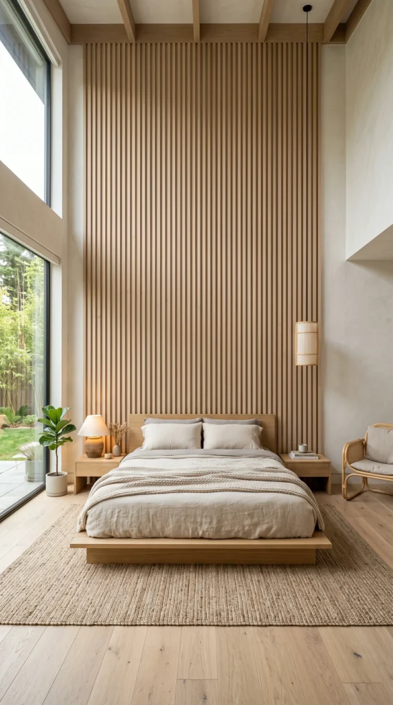 Wide shot of a bright and minimalist Japandi style master bedroom with wood slat wall.