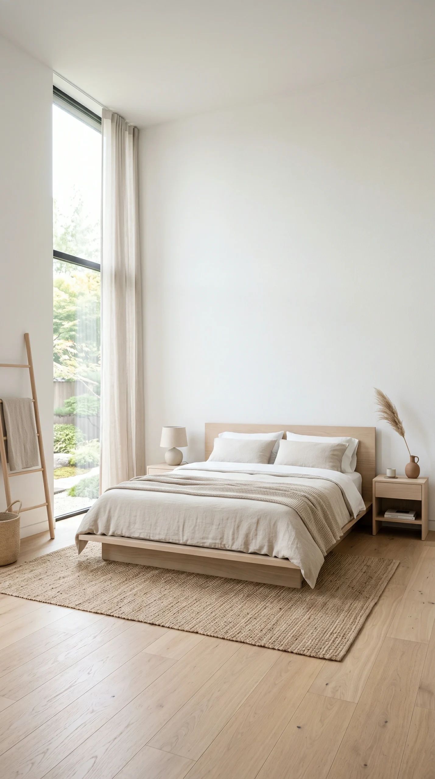 Low-profile Light Ash Wood platform bed against a bare Crisp Alabaster wall in a minimalist apartment bedroom.