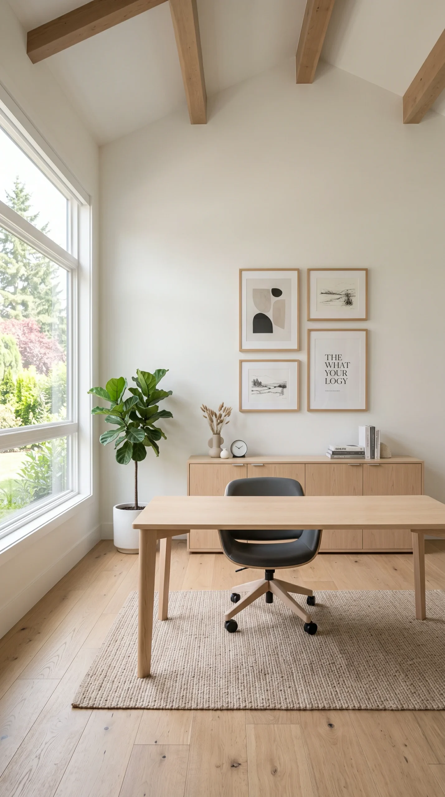 Impeccably organized minimalist home office featuring a clear light birch desk and a sleek storage credenza in the background.