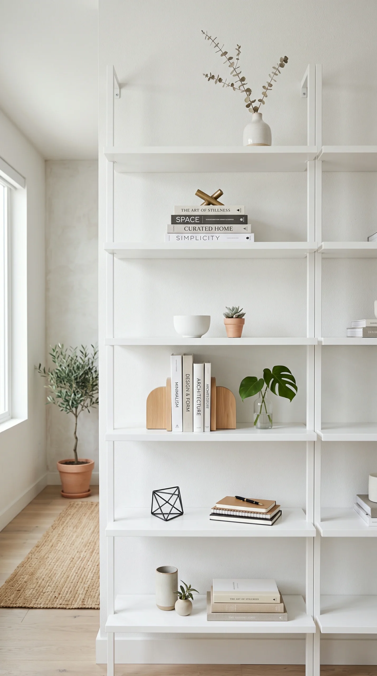 Optic white minimalist shelving unit styled with minimal decor and extreme negative space.