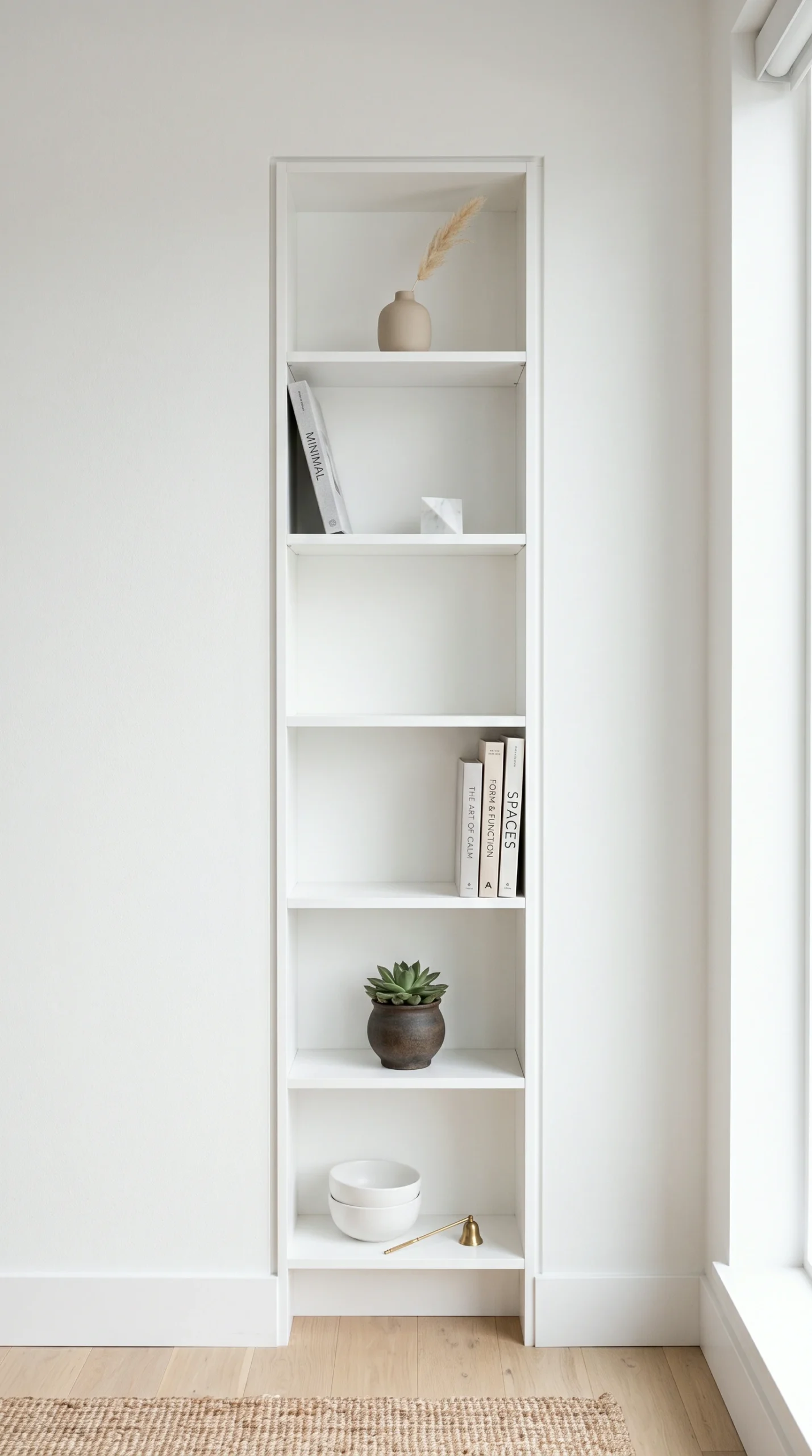 Narrow white built-in bookshelf featuring minimalist decor and abundant negative space.