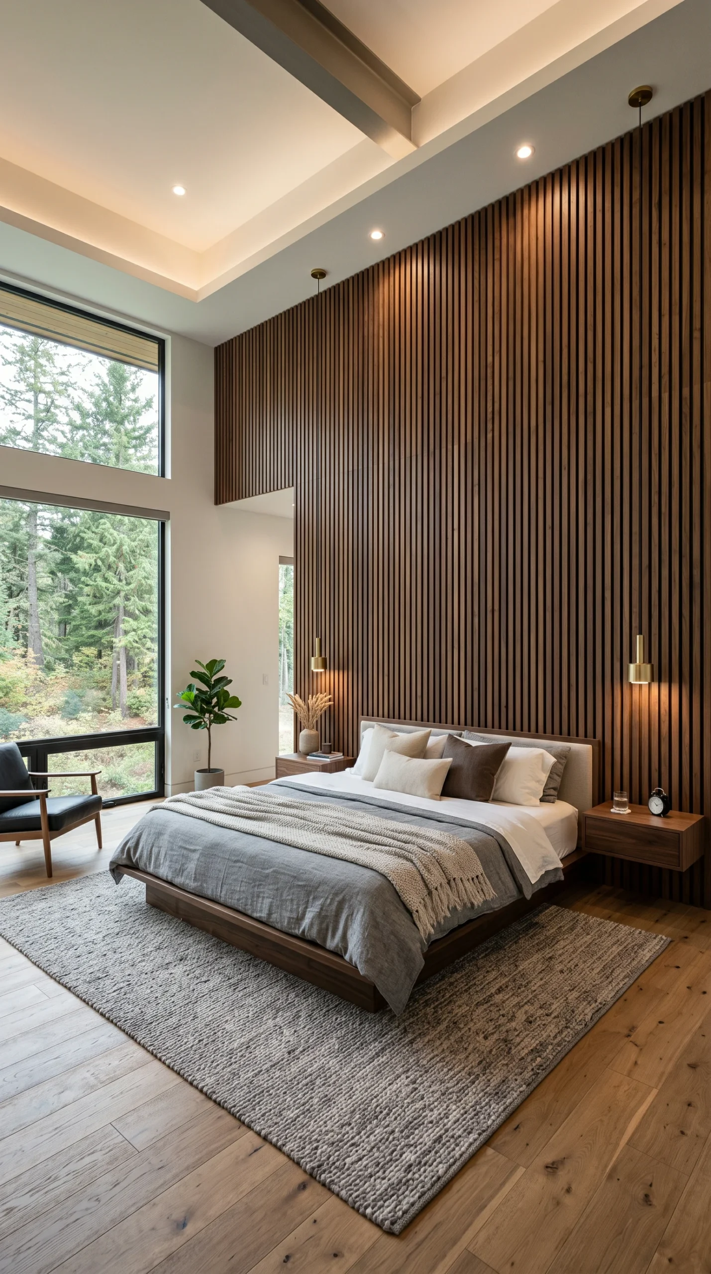 Floor-to-ceiling warm walnut vertical slatted accent wall behind a modern minimalist bed.