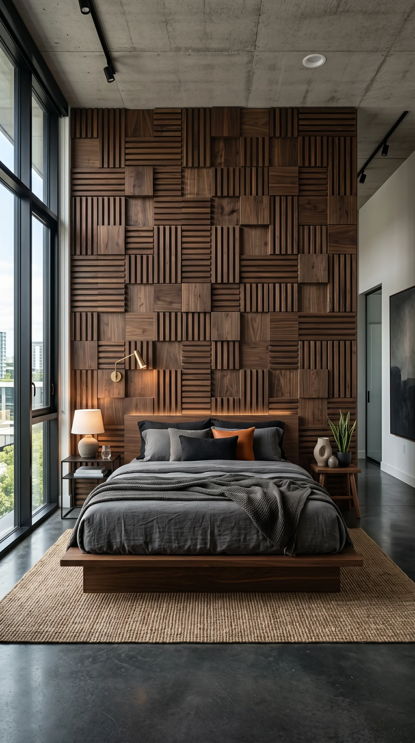 Low-profile platform bed against a geometric smoked walnut wood block accent wall in a modern bedroom with concrete floors.