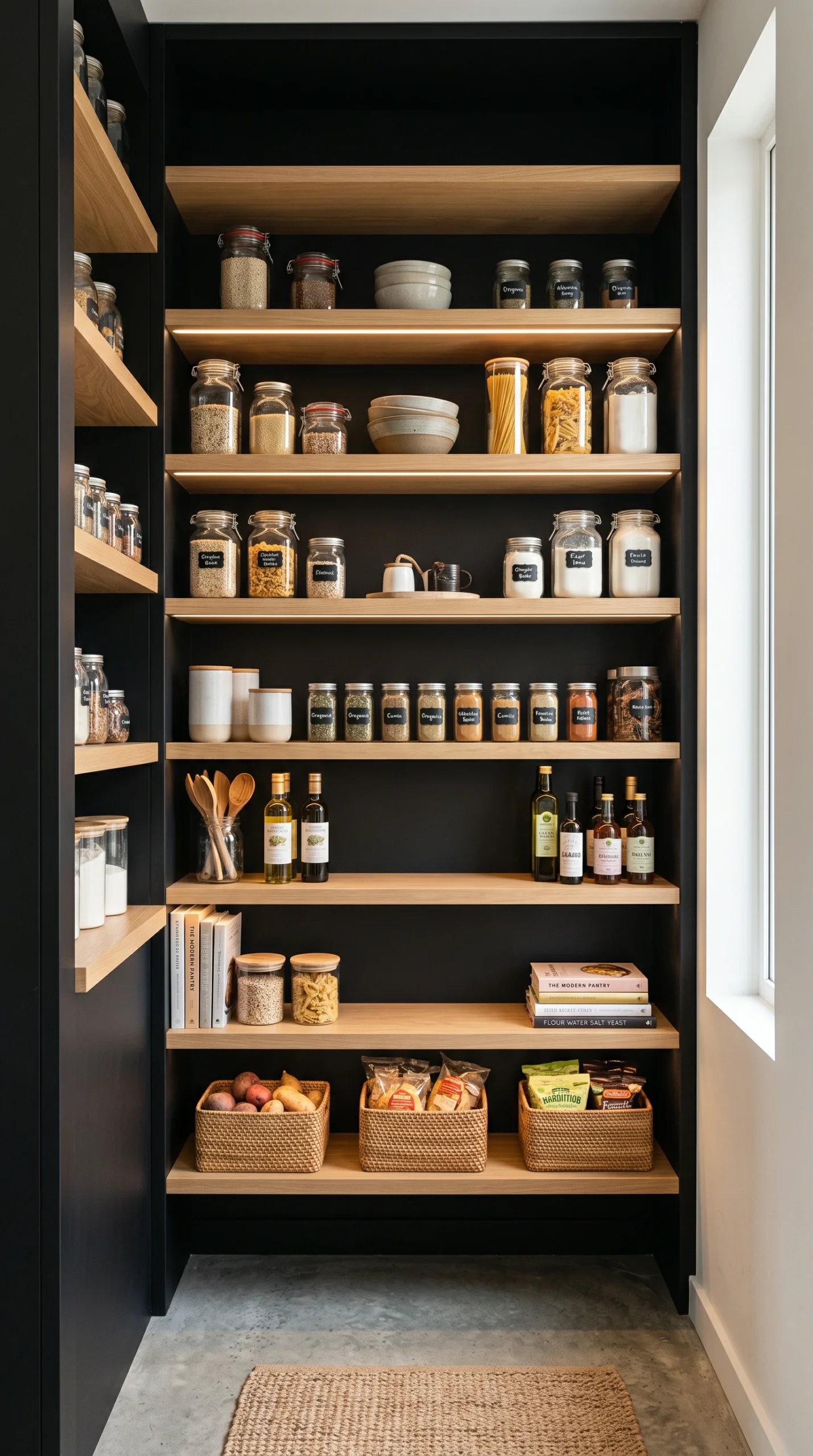 Wide shot of a modern kitchen pantry with floating white oak shelves on a matte black wall, filled with organized glass jars.