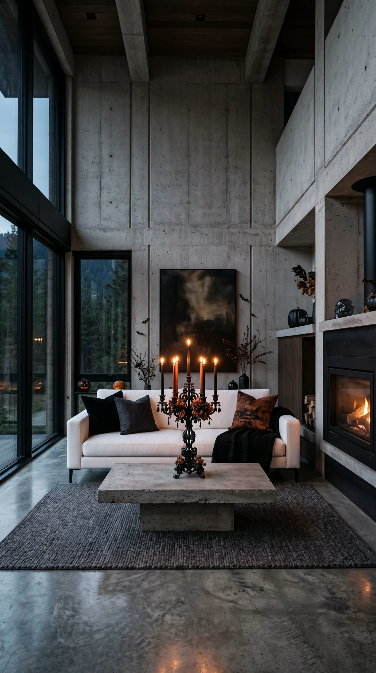 A modern living room with an alabaster white sofa, a concrete coffee table, and a black candelabra with lit orange candles.