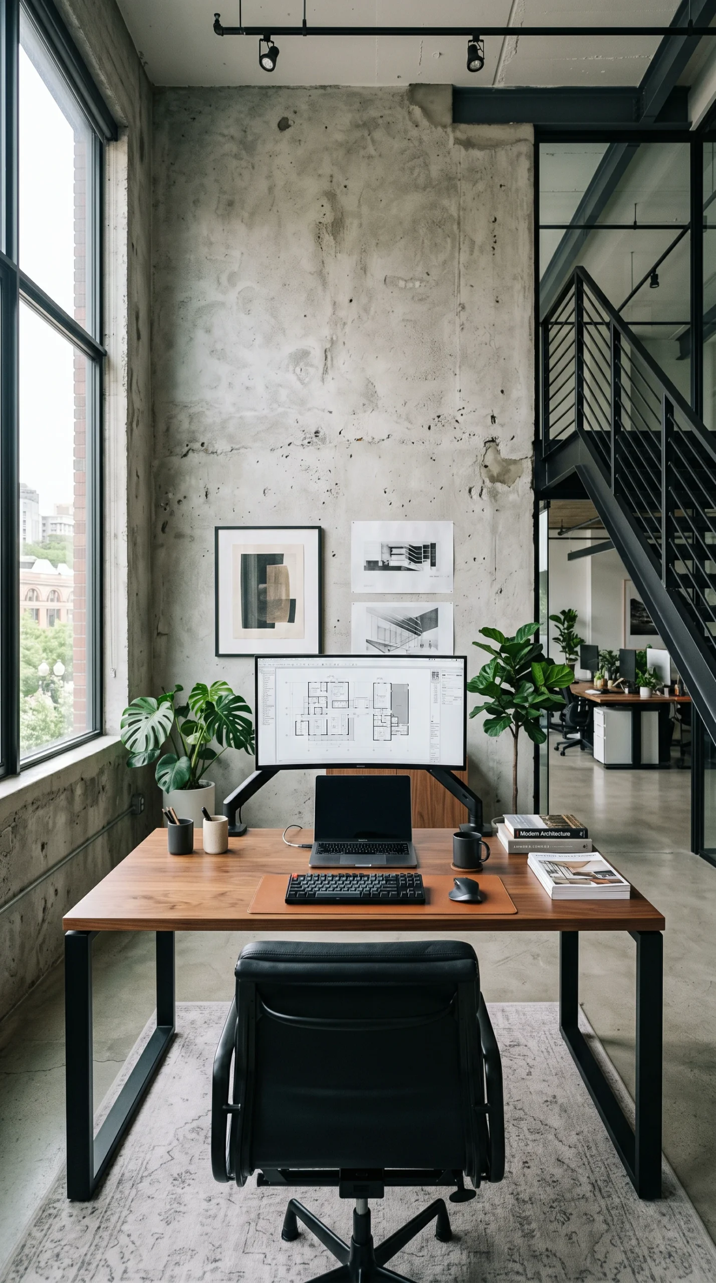Modern executive desk with black metal legs against a concrete wall.