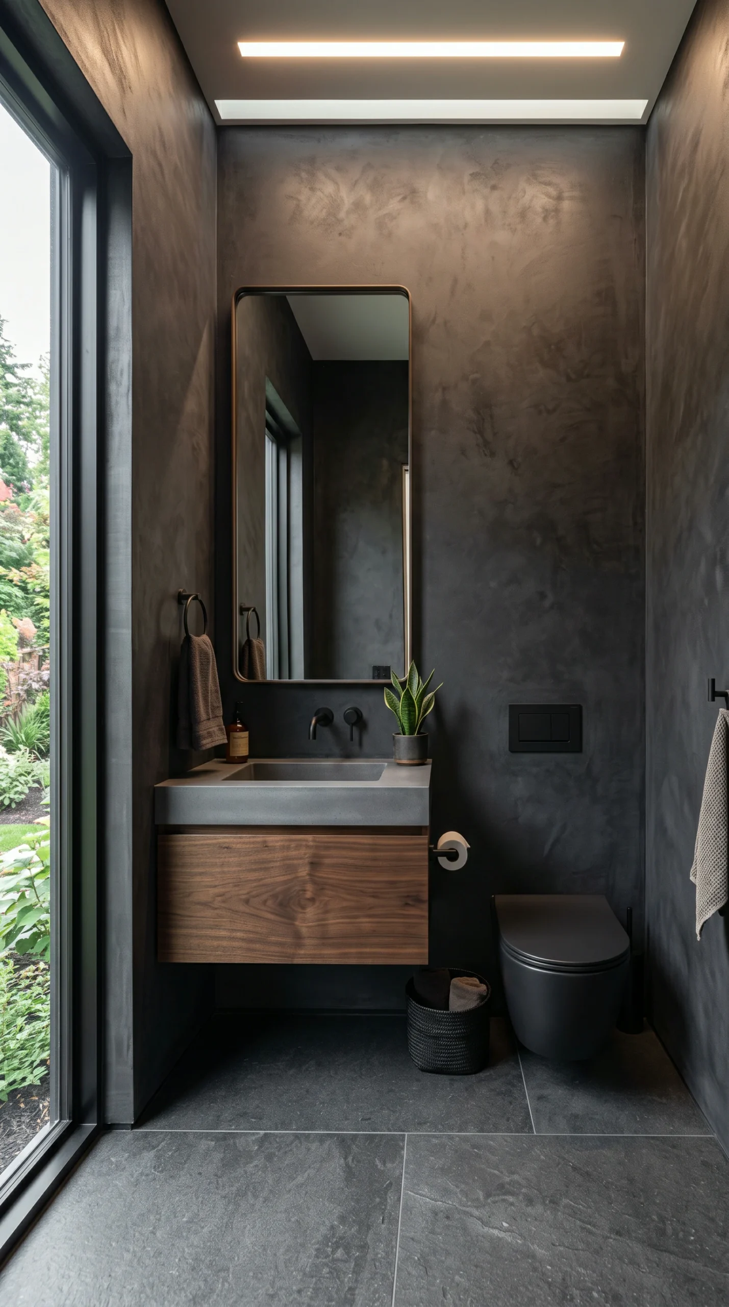 Small modern half bath featuring a floating walnut vanity and dark slate limewash walls.